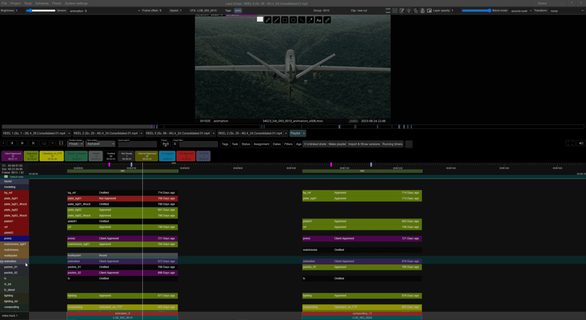 a video editing software interface showcasing a timeline view with various colorcoded segments an aerial shot of a drone flying over a lush green forest is visible above the timeline digital production A video editing software interface showcasing a timeline view with various color-coded segments. An aerial shot of a drone flying over a lush green forest is visible above the timeline.