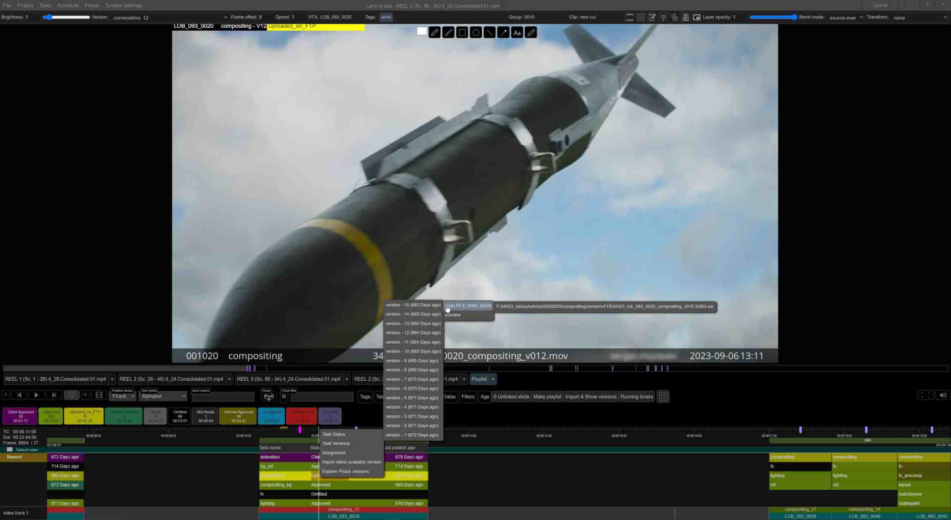 a computer screen displaying video editing software with a focused view of a missile being composited against a cloudy sky the timeline and editing tools are visible at the bottom highlighting active layers and colorcoded segments digital production A computer screen displaying video editing software with a focused view of a missile being composited against a cloudy sky. The timeline and editing tools are visible at the bottom, highlighting active layers and color-coded segments.