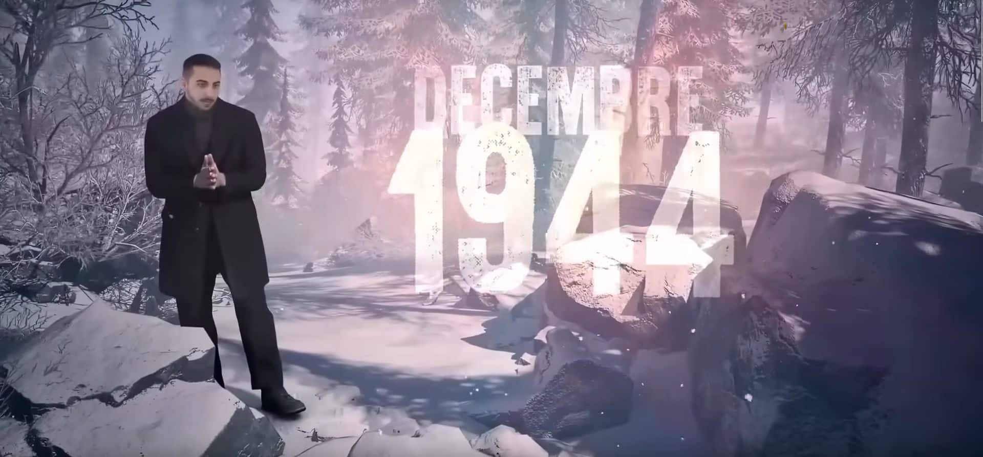 a man in a black coat stands on a snowy path surrounded by trees with the text decembre 1944 prominently displayed behind him indicating a winter scene digital production A man in a black coat stands on a snowy path surrounded by trees, with the text "DECEMBRE 1944" prominently displayed behind him, indicating a winter scene.
