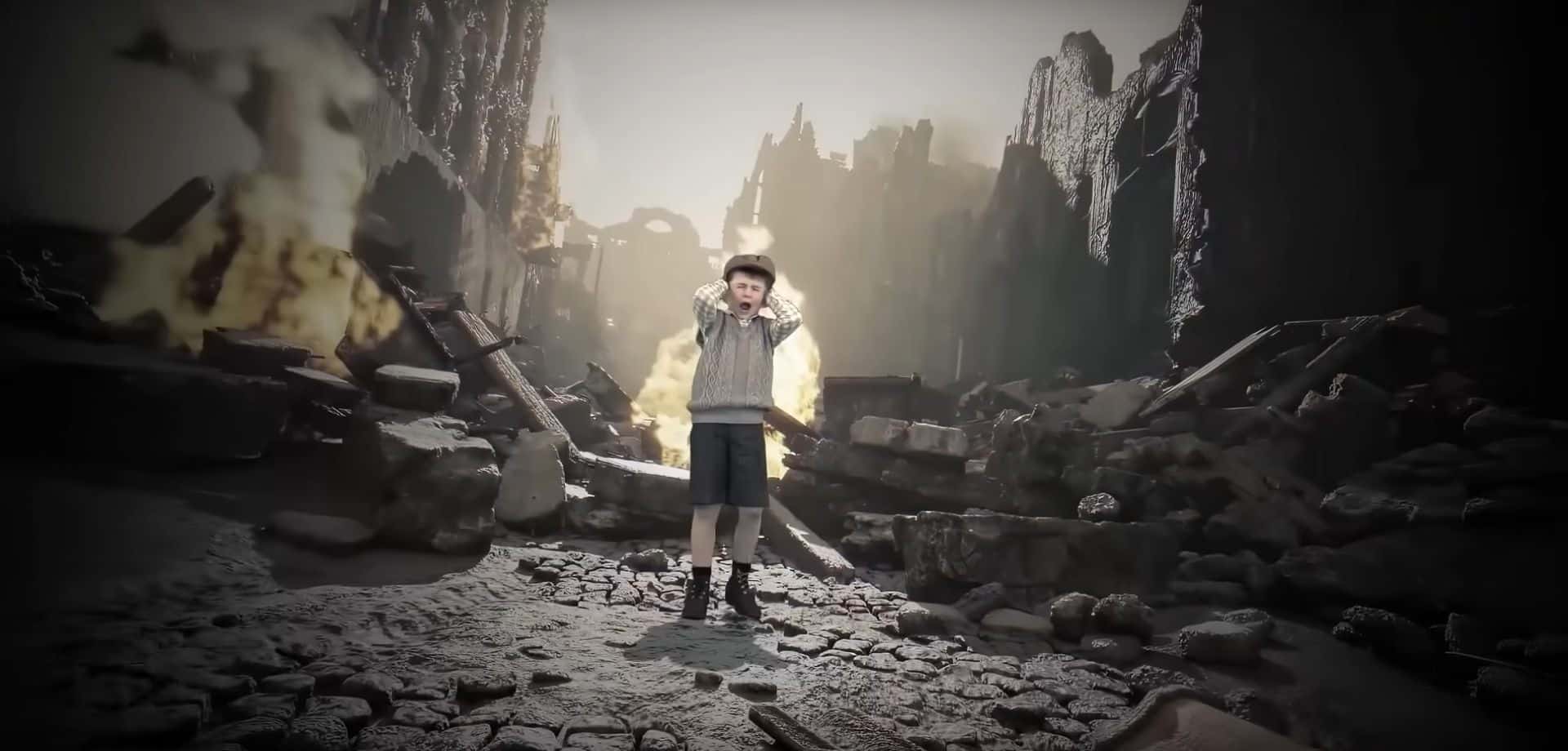 eac550d3d0244ffa9f20cf9c2db4f803 digital production A young boy covers his ears, standing among debris in a devastated urban landscape, with smoke and flames in the background.