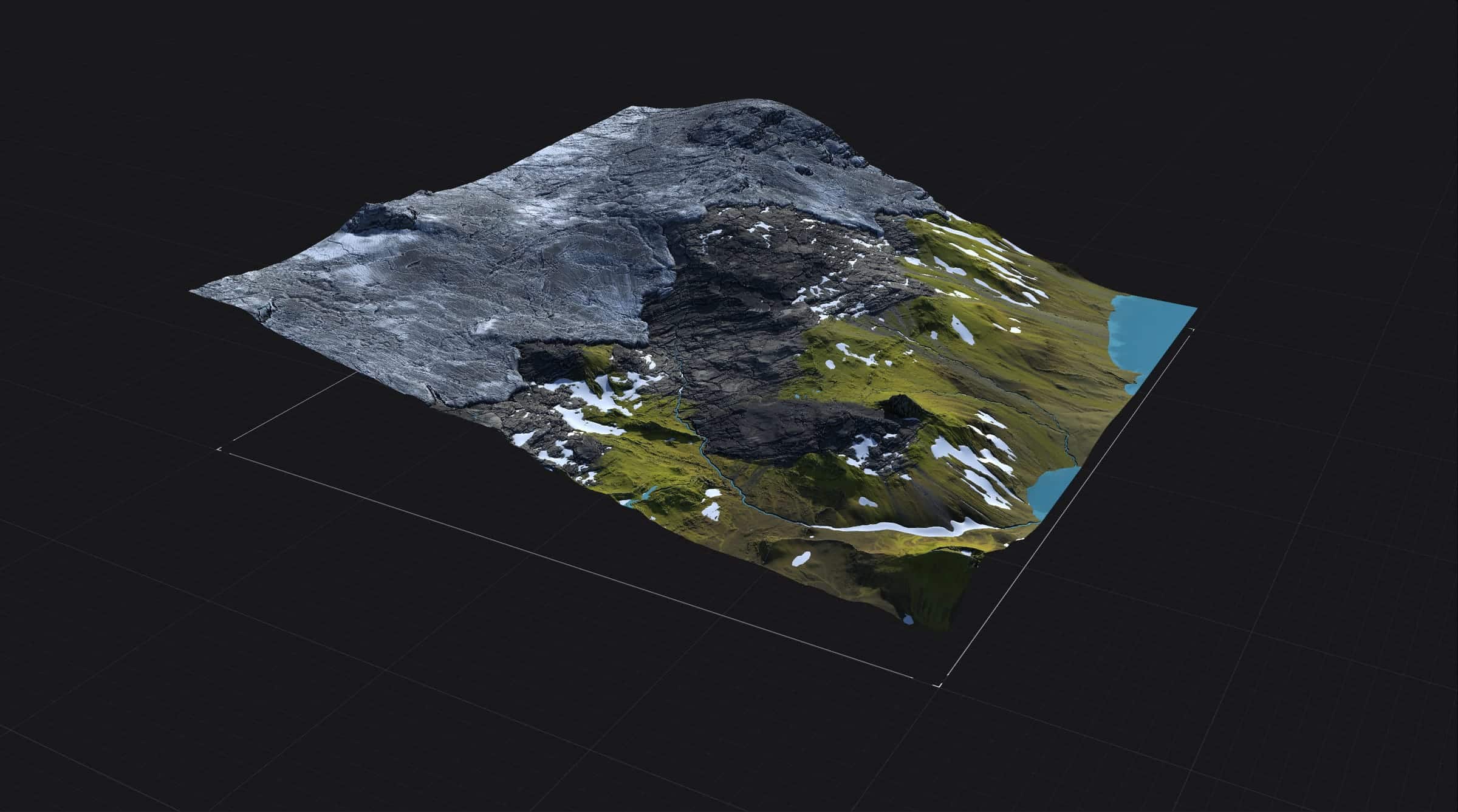 a 3d model of a mountainous terrain featuring rocky surfaces and patches of green grass with a small body of water visible on one side the scene is set against a dark background enhancing the contours and textures of the landscape digital production https://blog.quadspinner.com/content/images/size/w2400/2025/07/glacier.jpg
