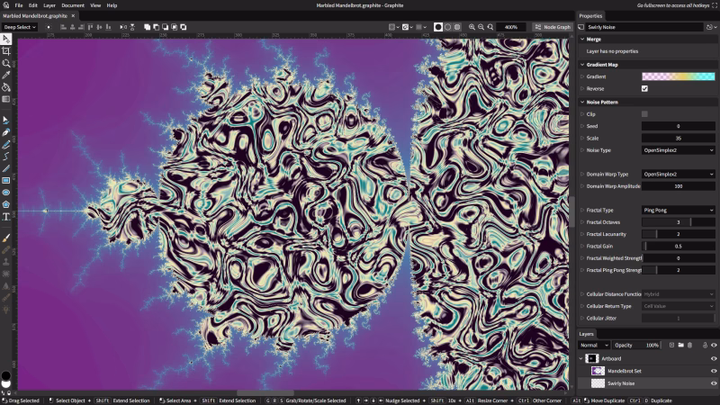 An abstract digital art piece featuring swirling patterns in black, white, and shades of turquoise against a purple background. The interface of a graphic design software is displayed on the right, showing editing options.