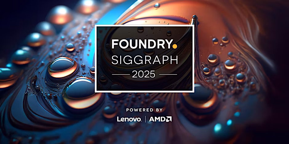 a colorful abstract background featuring swirling patterns and droplets with a central overlay that says foundary siggraph 2025 flanked by logos of lenovo and amd digital production A colorful, abstract background featuring swirling patterns and droplets, with a central overlay that says 'FOUNDARY SIGGRAPH 2025,' flanked by logos of Lenovo and AMD.