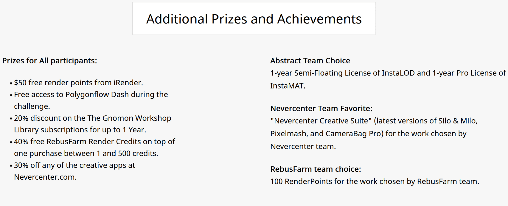 text listing prizes and achievements for participants including free render points discounts on subscriptions team favorites and choices for software licenses and credits digital production Text listing prizes and achievements for participants, including free render points, discounts on subscriptions, team favorites, and choices for software licenses and credits.