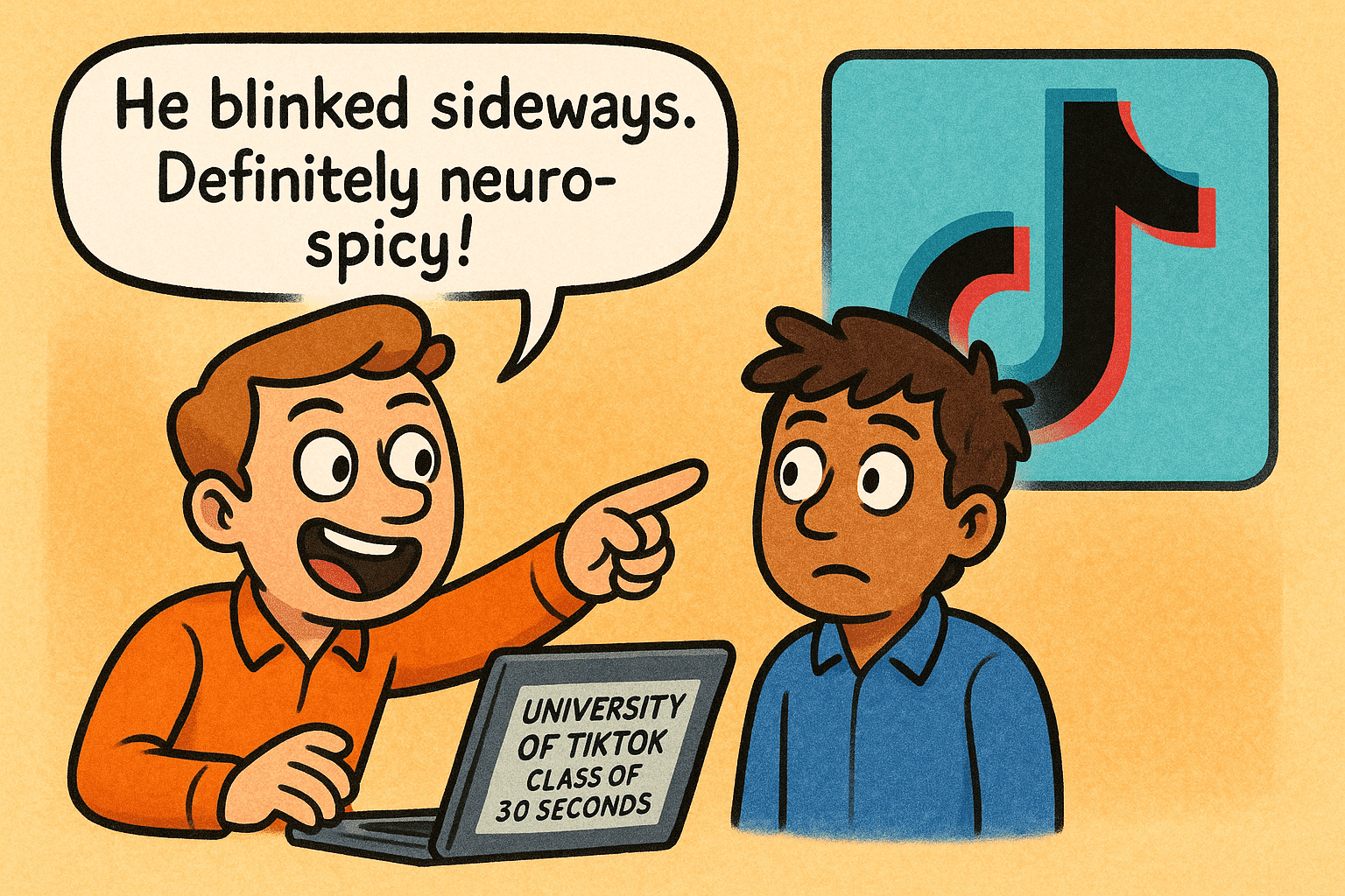 a cartoon scene depicts a man in an orange shirt animatedly pointing and speaking to another man in a blue shirt the first man sits in front of a laptop displaying university of tiktok class of 30 seconds a tiktok logo is in the background digital production A cartoon scene depicts a man in an orange shirt animatedly pointing and speaking to another man in a blue shirt. The first man sits in front of a laptop displaying 'University of TikTok Class of 30 Seconds.' A TikTok logo is in the background.