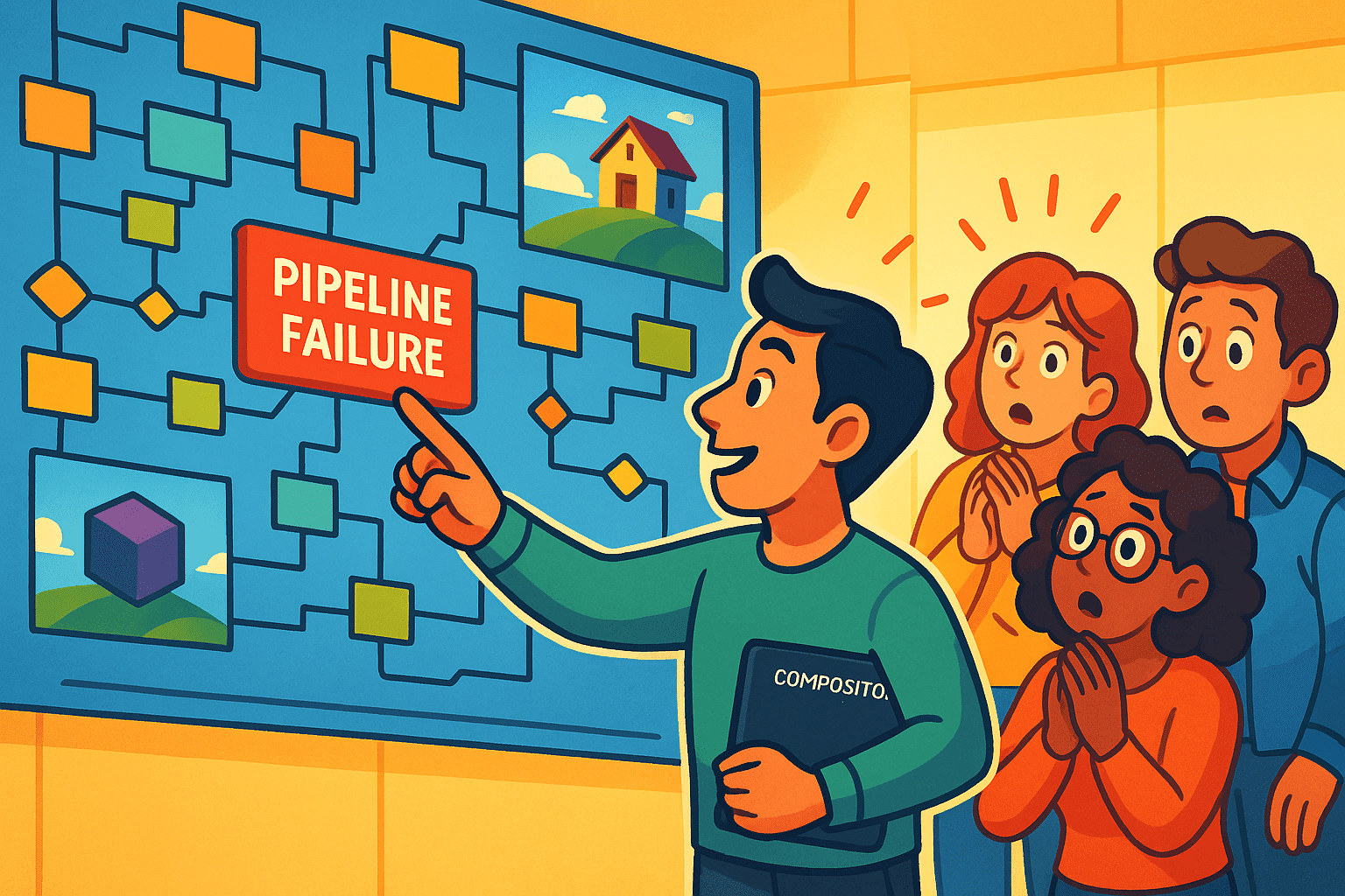 an illustrated scene depicting a diverse group of people reacting to a presentation about a pipeline failure a confident speaker points to a chart on the wall while the audience shows expressions of concern and surprise with visual elements like buildings and a cube present digital production An illustrated scene depicting a diverse group of people reacting to a presentation about a pipeline failure. A confident speaker points to a chart on the wall, while the audience shows expressions of concern and surprise, with visual elements like buildings and a cube present.
