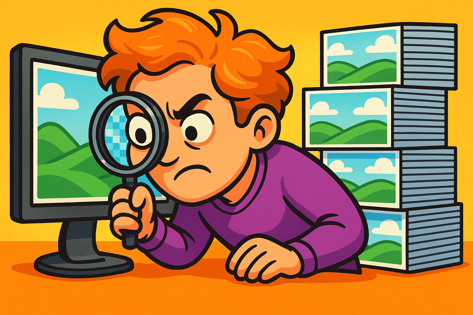 a cartoonstyle illustration of a focused person with orange hair examining a computer screen using a magnifying glass surrounded by stacks of printed images on a table against a bright yellow background digital production A cartoon-style illustration of a focused person with orange hair examining a computer screen using a magnifying glass, surrounded by stacks of printed images on a table, against a bright yellow background.