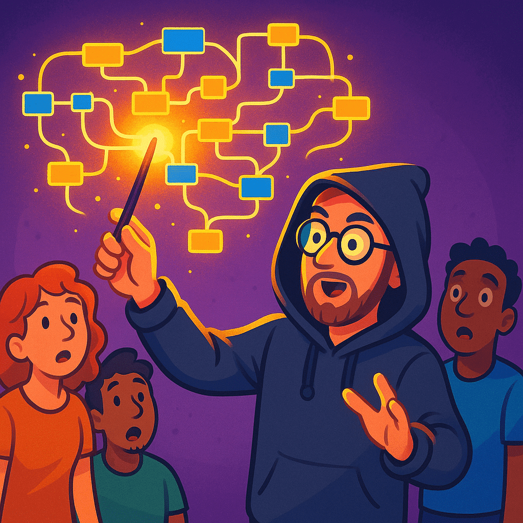 a man in a hoodie using a magic wand to create glowing flowcharts in the air while a group of captivated children watches the background is dark purple enhancing the magical atmosphere digital production A man in a hoodie using a magic wand to create glowing flowcharts in the air, while a group of captivated children watches. The background is dark purple, enhancing the magical atmosphere.