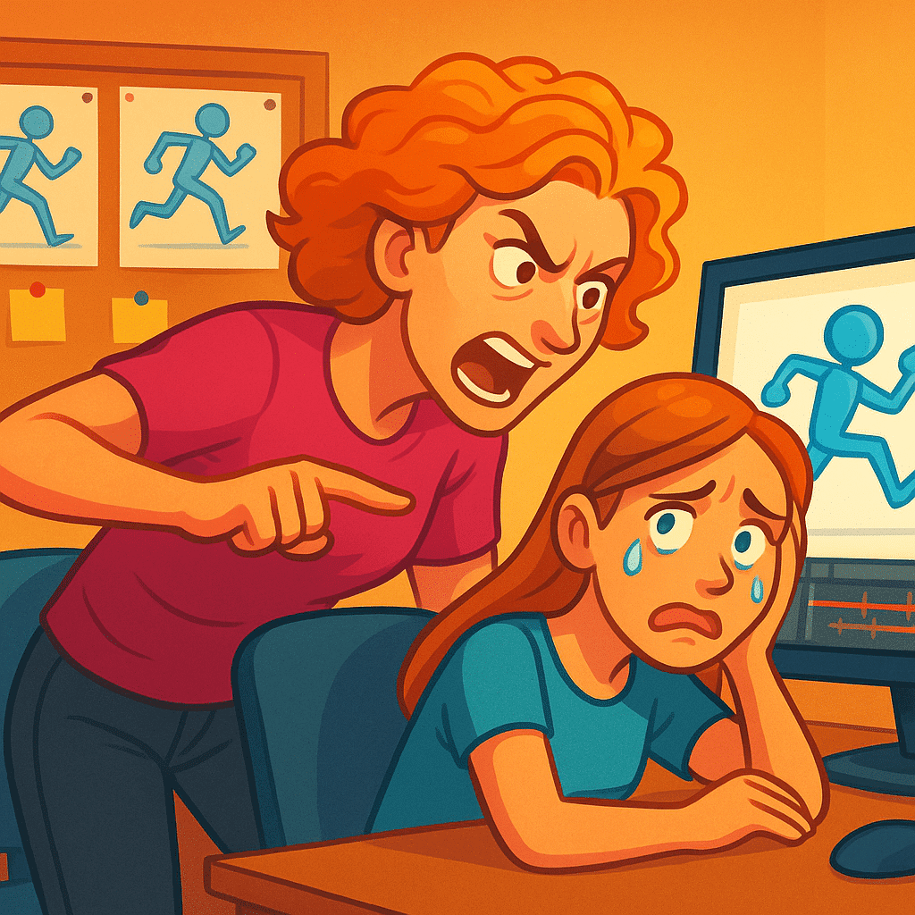an animated scene of a frustrated adult yelling at a distressed child sitting at a computer desk with tears on the childs face in a brightly colored office setting digital production An animated scene of a frustrated adult yelling at a distressed child sitting at a computer desk, with tears on the child's face, in a brightly colored office setting.