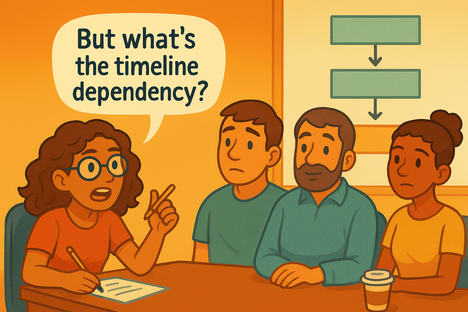a diverse group of four individuals sitting around a table in a meeting one person with curly hair and glasses is animatedly asking about timeline dependency others including two men and a woman are listening attentively digital production A diverse group of four individuals sitting around a table in a meeting. One person, with curly hair and glasses, is animatedly asking about timeline dependency. Others, including two men and a woman, are listening attentively.