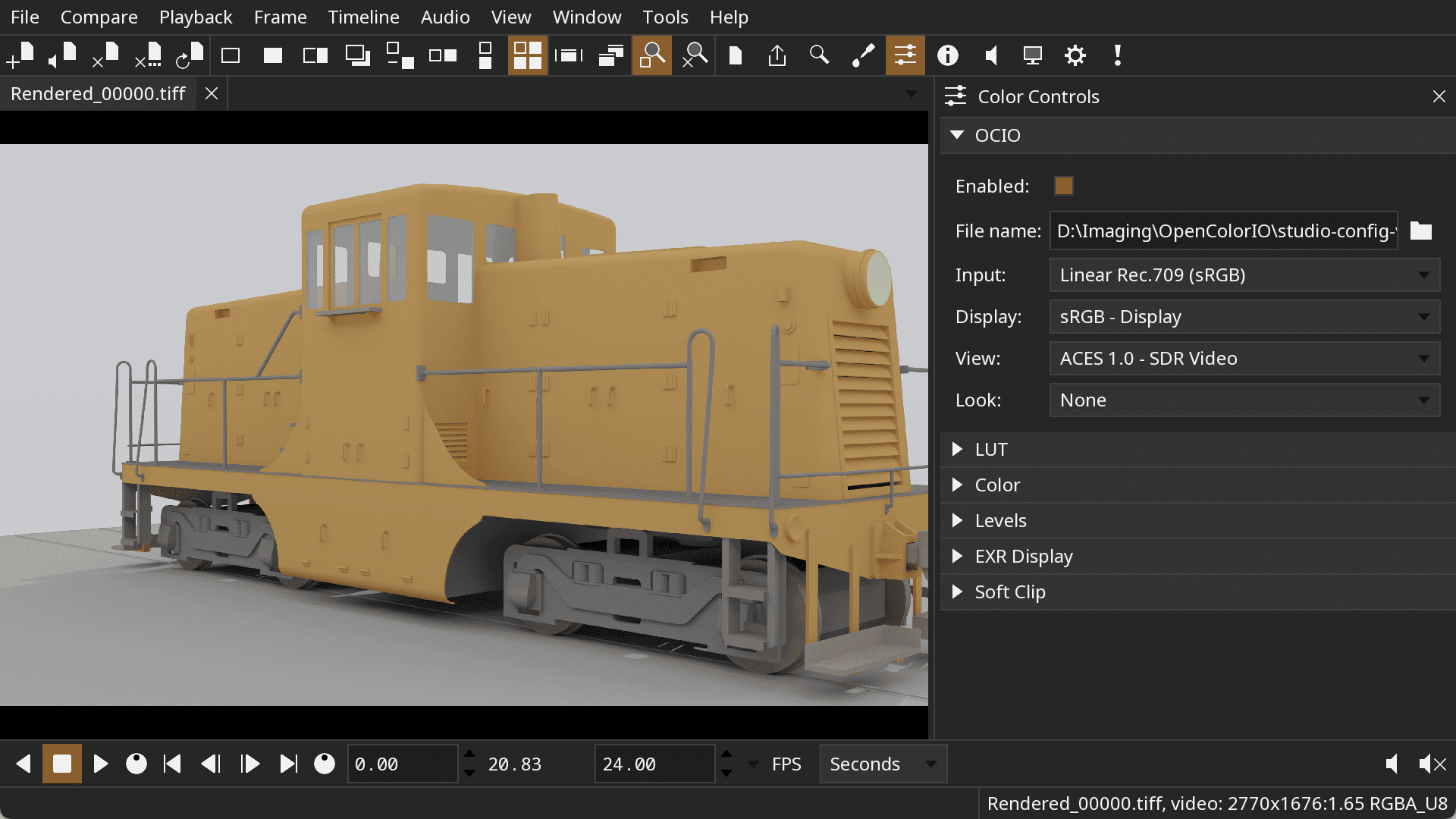 a 3d model of a yellow locomotive displayed in a software interface featuring various editing controls on the right side including color settings and playback options the background is minimalist focusing on the locomotive digital production A 3D model of a yellow locomotive displayed in a software interface, featuring various editing controls on the right side, including color settings and playback options. The background is minimalist, focusing on the locomotive.