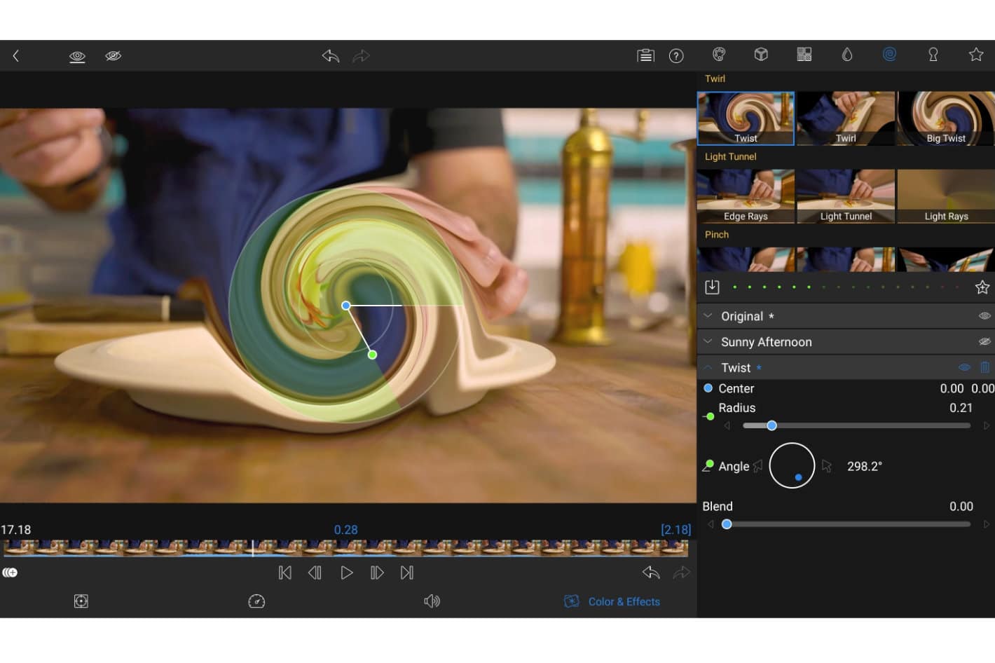 an image showcasing a video editing application interface with a focus on a twisted visual effect applied to a linear design on a plate the screen displays various editing options and settings on the right with a person in a blue shirt blurred in the background digital production An image showcasing a video editing application interface with a focus on a twisted visual effect applied to a linear design on a plate. The screen displays various editing options and settings on the right, with a person in a blue shirt blurred in the background.