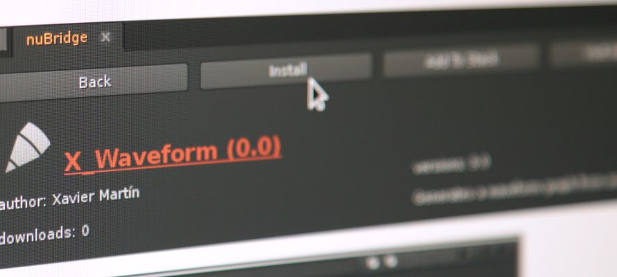 a closeup of a computer screen displaying the nubridge interface the screen shows a plugin named xwaveform with version details author information and an install button highlighted the overall design is dark with an emphasis on red text digital production A close-up of a computer screen displaying the nuBridge interface. The screen shows a plugin named X_Waveform with version details, author information, and an 'Install' button highlighted. The overall design is dark with an emphasis on red text.