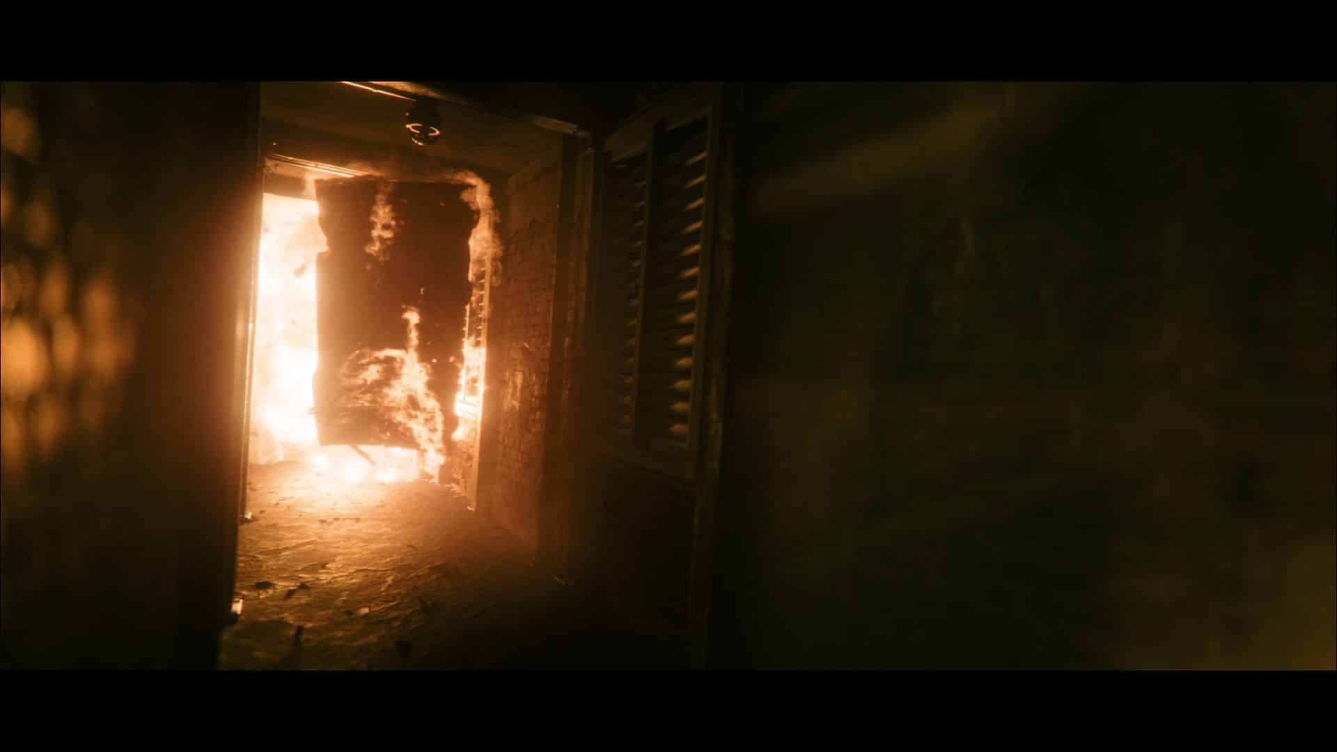 a dimly lit corridor with fire visible through an open doorway at the end the walls show signs of damage and smoke the floor appears uneven and dark digital production A dimly lit corridor with fire visible through an open doorway at the end. The walls show signs of damage and smoke. The floor appears uneven and dark.