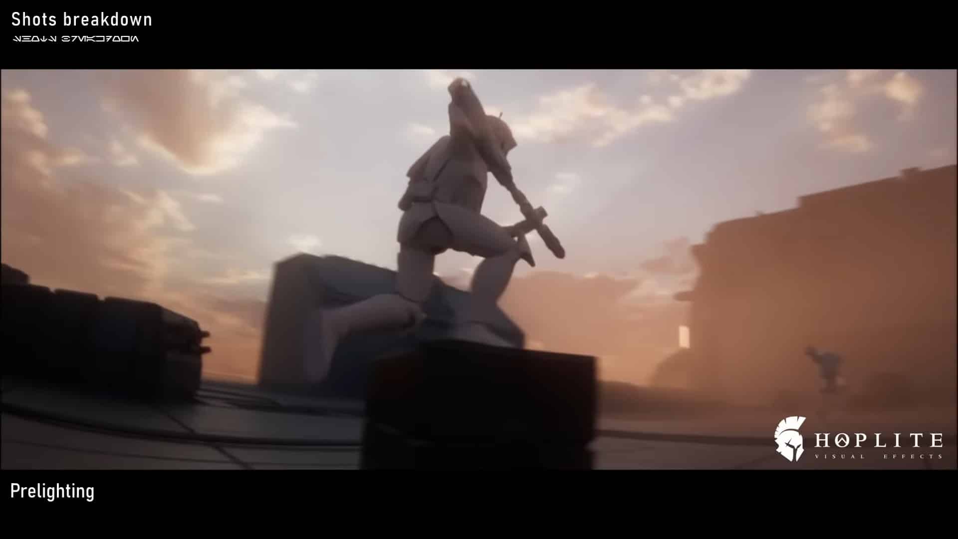 a humanoid figure in white armor holding a sword is depicted leaping over a black crate the background features soft pastelcolored clouds and shadows of structures giving a sense of depth and movement digital production A humanoid figure in white armor, holding a sword, is depicted leaping over a black crate. The background features soft pastel-colored clouds and shadows of structures, giving a sense of depth and movement.