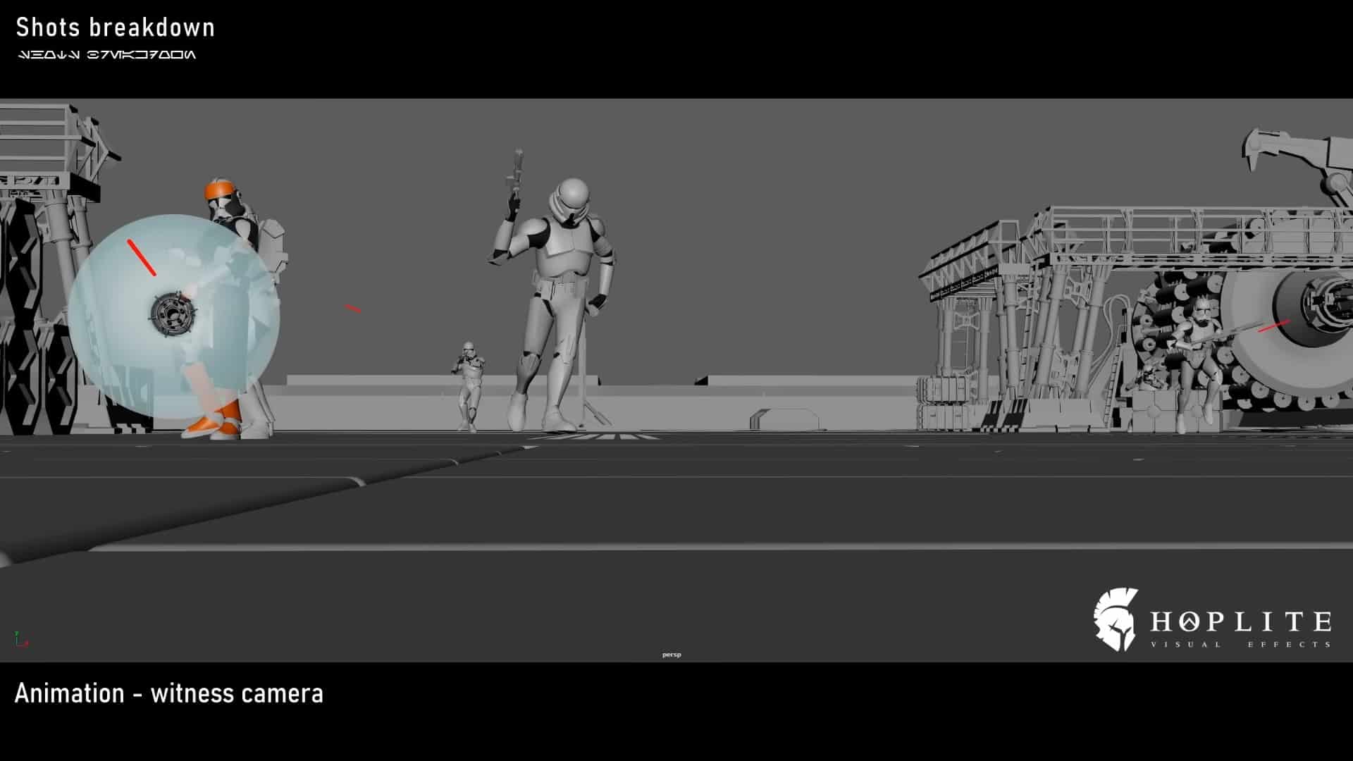 a breakdown shot of an animated scene showing characters and mechanical elements on a stage two humanoid figures are positioned on the left and machinery is visible on the right the background is gray and the outlines of structures suggest a dynamic environment digital production A breakdown shot of an animated scene showing characters and mechanical elements on a stage. Two humanoid figures are positioned on the left, and machinery is visible on the right. The background is gray, and the outlines of structures suggest a dynamic environment.