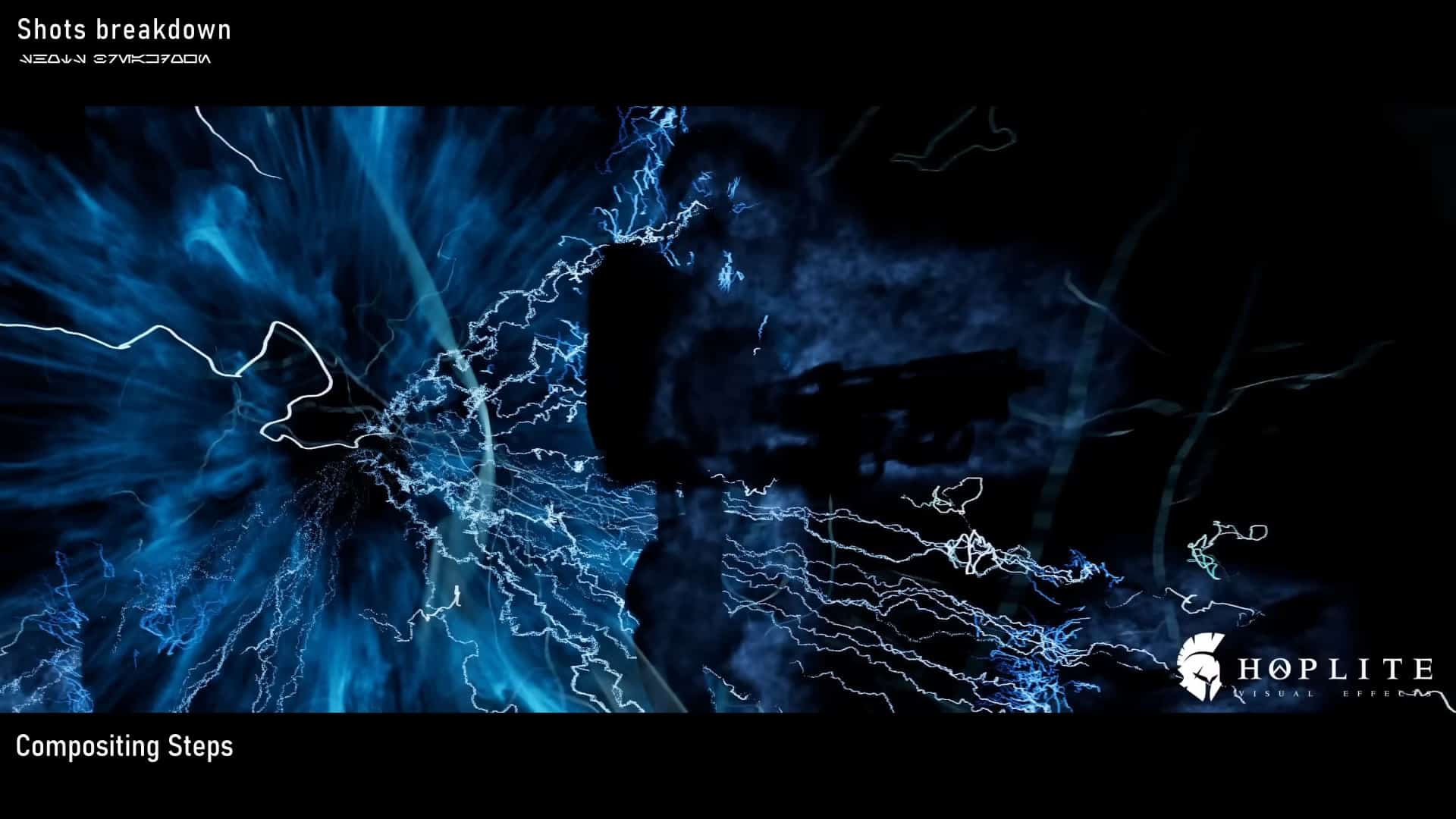 an abstract visual representation showing blue and black swirling patterns suggesting motion or energy the image includes white lines resembling electrical currents and the text shots breakdown and compositing steps at the top and bottom digital production An abstract visual representation showing blue and black swirling patterns, suggesting motion or energy. The image includes white lines resembling electrical currents and the text 'Shots breakdown' and 'Compositing Steps' at the top and bottom.