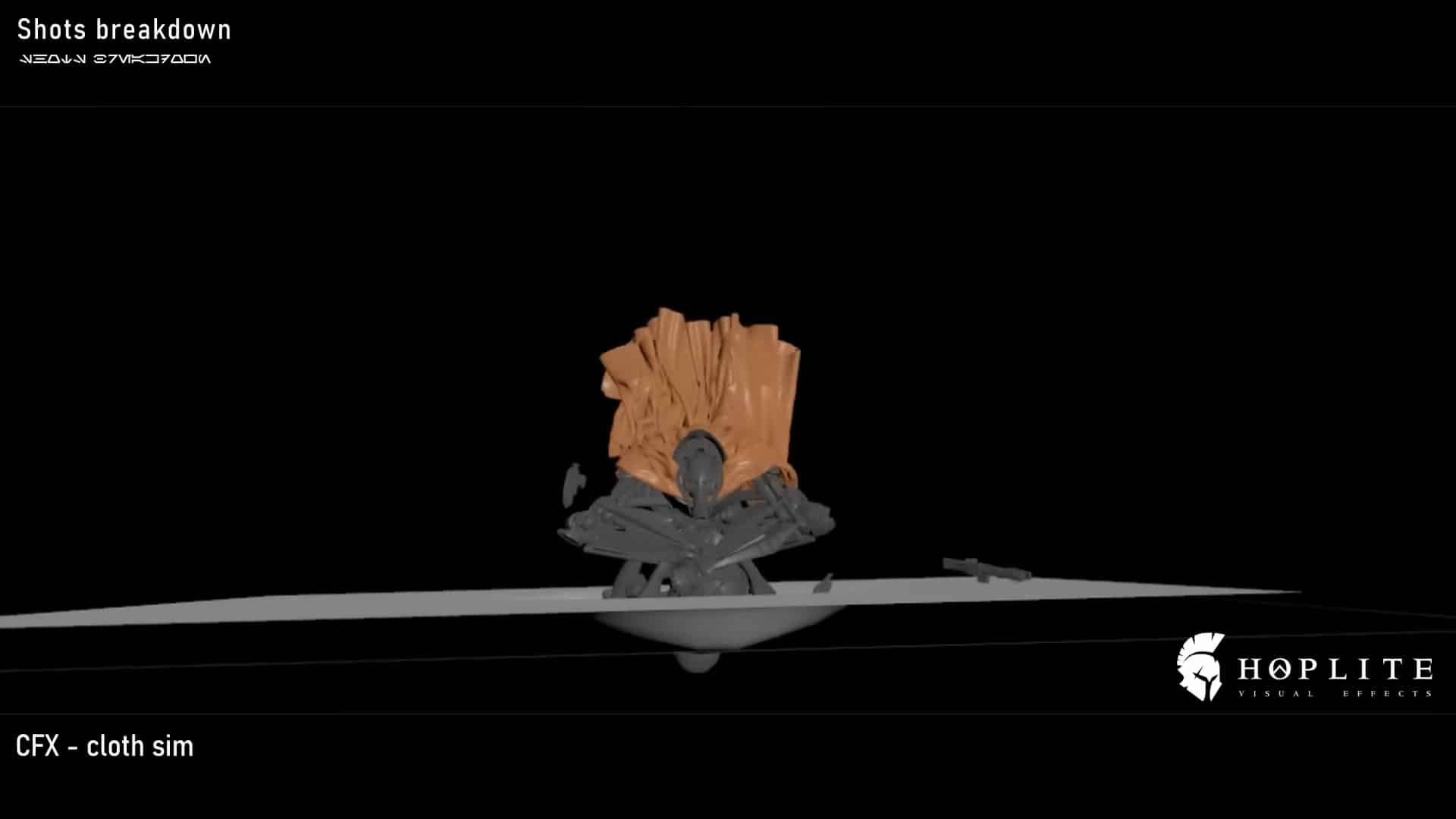 3d rendering displaying a breakdown of a scene with a cloth simulation the central figure has an orange cloth element set against a dark background with various geometric shapes surrounding it the image is labeled with shots breakdown and hoplite digital production 3D rendering displaying a breakdown of a scene with a cloth simulation. The central figure has an orange cloth element, set against a dark background, with various geometric shapes surrounding it. The image is labeled with "Shots breakdown" and "Hoplite."
