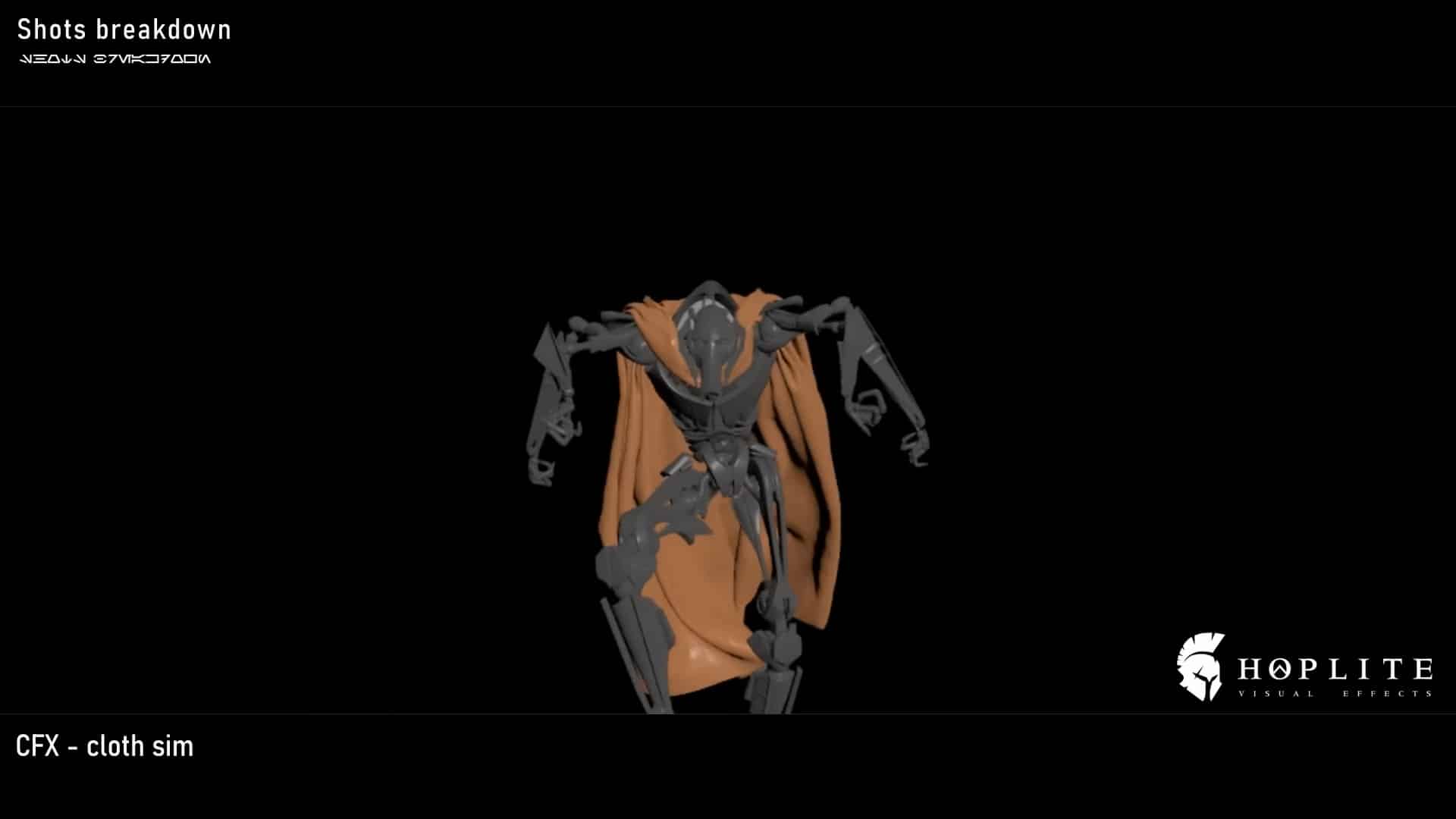 a 3d model of a figure with a skeletal appearance wearing a flowing orange cape displayed against a black background text on the image includes shots breakdown and cfx cloth sim digital production A 3D model of a figure with a skeletal appearance wearing a flowing orange cape, displayed against a black background. Text on the image includes 'Shots breakdown' and 'CFX - cloth sim'.