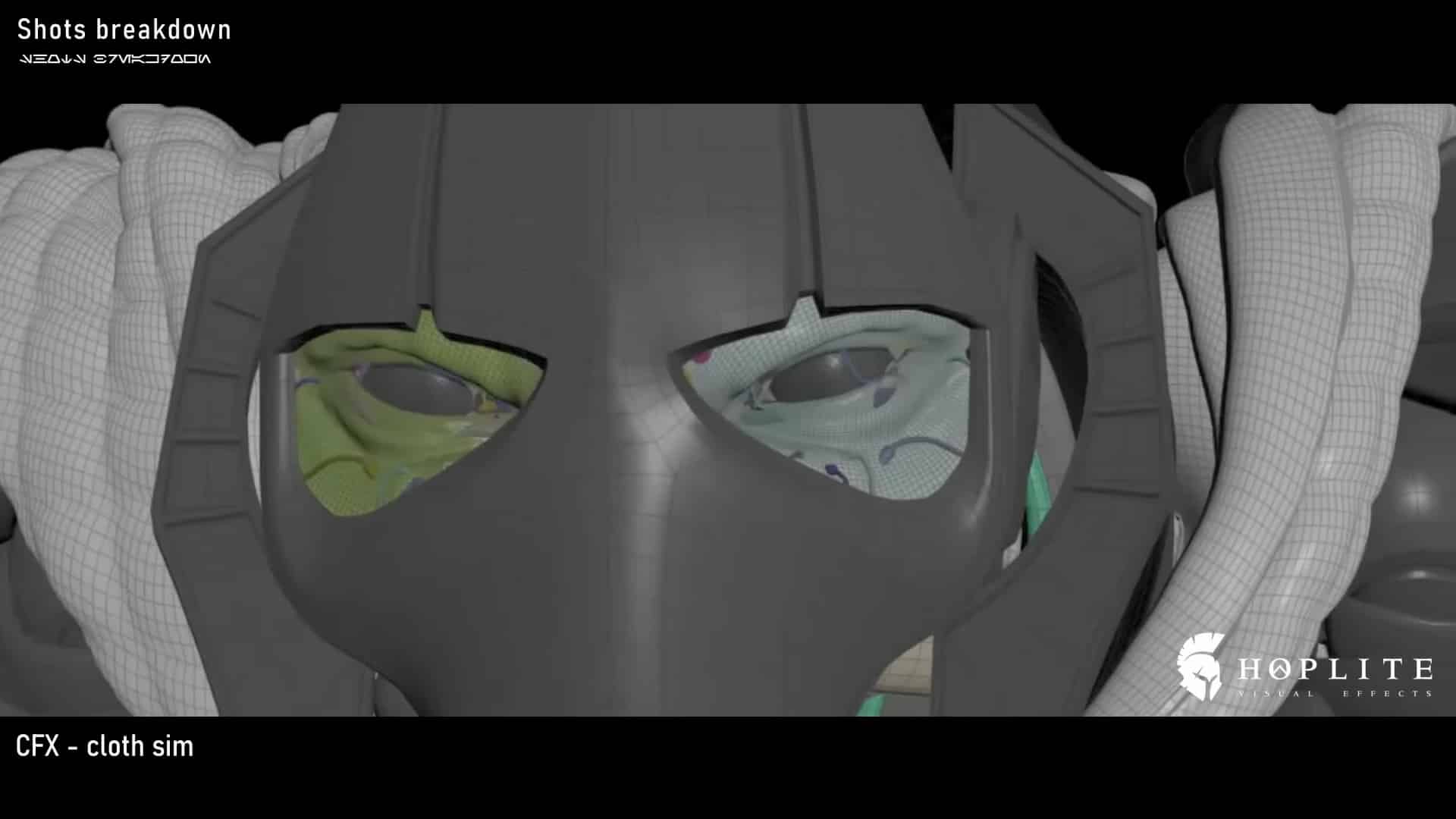 closeup view of a 3d character model wearing a helmet with visible facial features the background includes details of a cloth simulation with wires and textures visible branding from hoplite is present in the corner digital production Close-up view of a 3D character model wearing a helmet with visible facial features. The background includes details of a cloth simulation, with wires and textures visible. Branding from Hoplite is present in the corner.