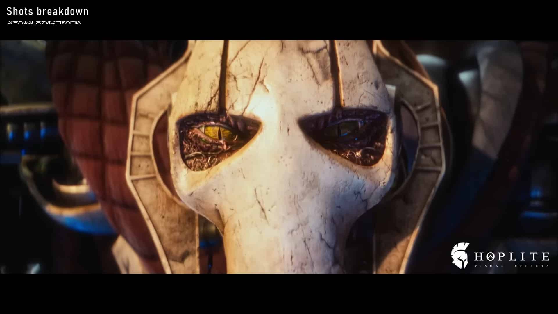 a closeup of a characters face with distinctive features including two yellow eyes and a skeletal white face the background contains various mechanical elements the image includes text at the top indicating shots breakdown and a logo at the bottom digital production A close-up of a character's face with distinctive features, including two yellow eyes and a skeletal white face. The background contains various mechanical elements. The image includes text at the top indicating 'Shots breakdown' and a logo at the bottom.