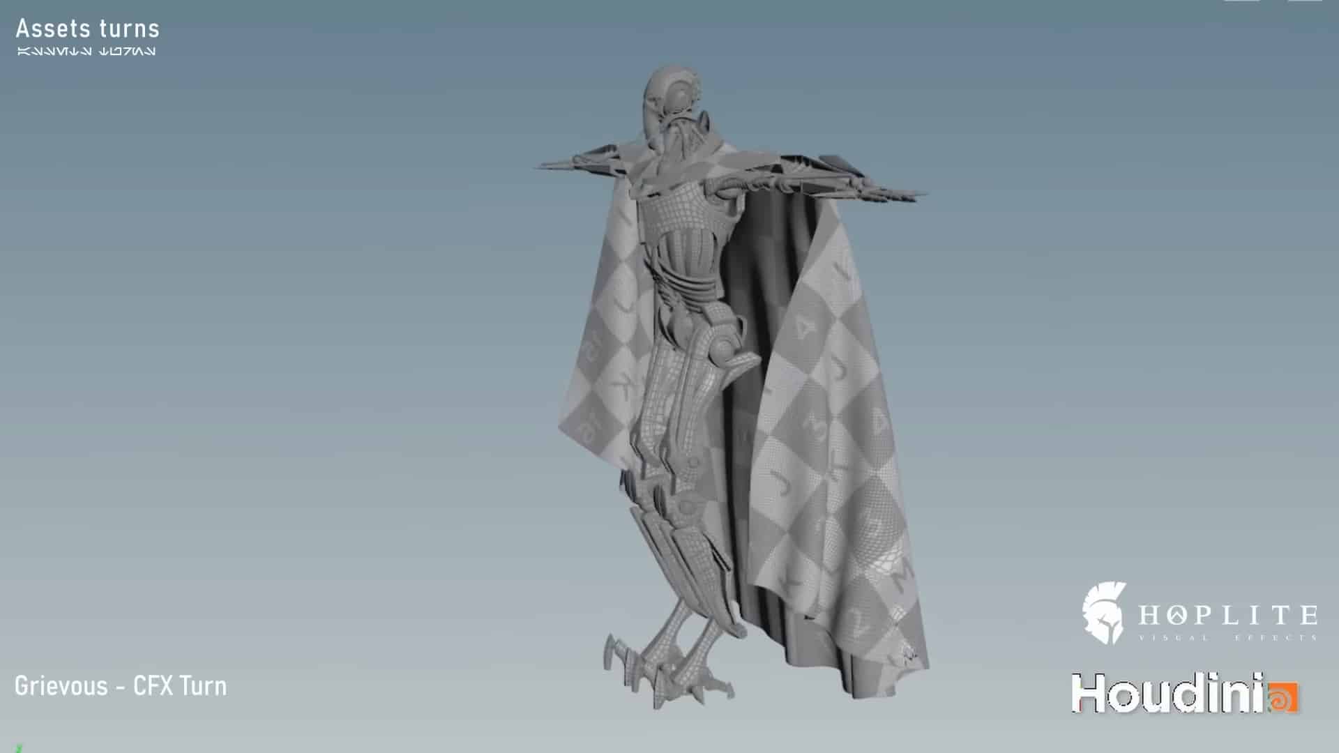 a 3d model of a character with a cloak and mechanical limbs posed in a slightly tilted stance the background is a solid gradient and the model is shown in a turntable view branding includes houdini and hoplite digital production A 3D model of a character with a cloak and mechanical limbs, posed in a slightly tilted stance. The background is a solid gradient, and the model is shown in a turntable view. Branding includes 'Houdini' and 'Hoplite'.