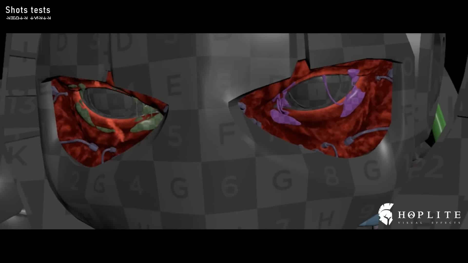 closeup view of a 3d model depicting eyes with red and green textures the background showcases a gray grid pattern with letters and numbers the image includes a logo and text in the corner digital production Close-up view of a 3D model depicting eyes with red and green textures. The background showcases a gray grid pattern with letters and numbers. The image includes a logo and text in the corner.