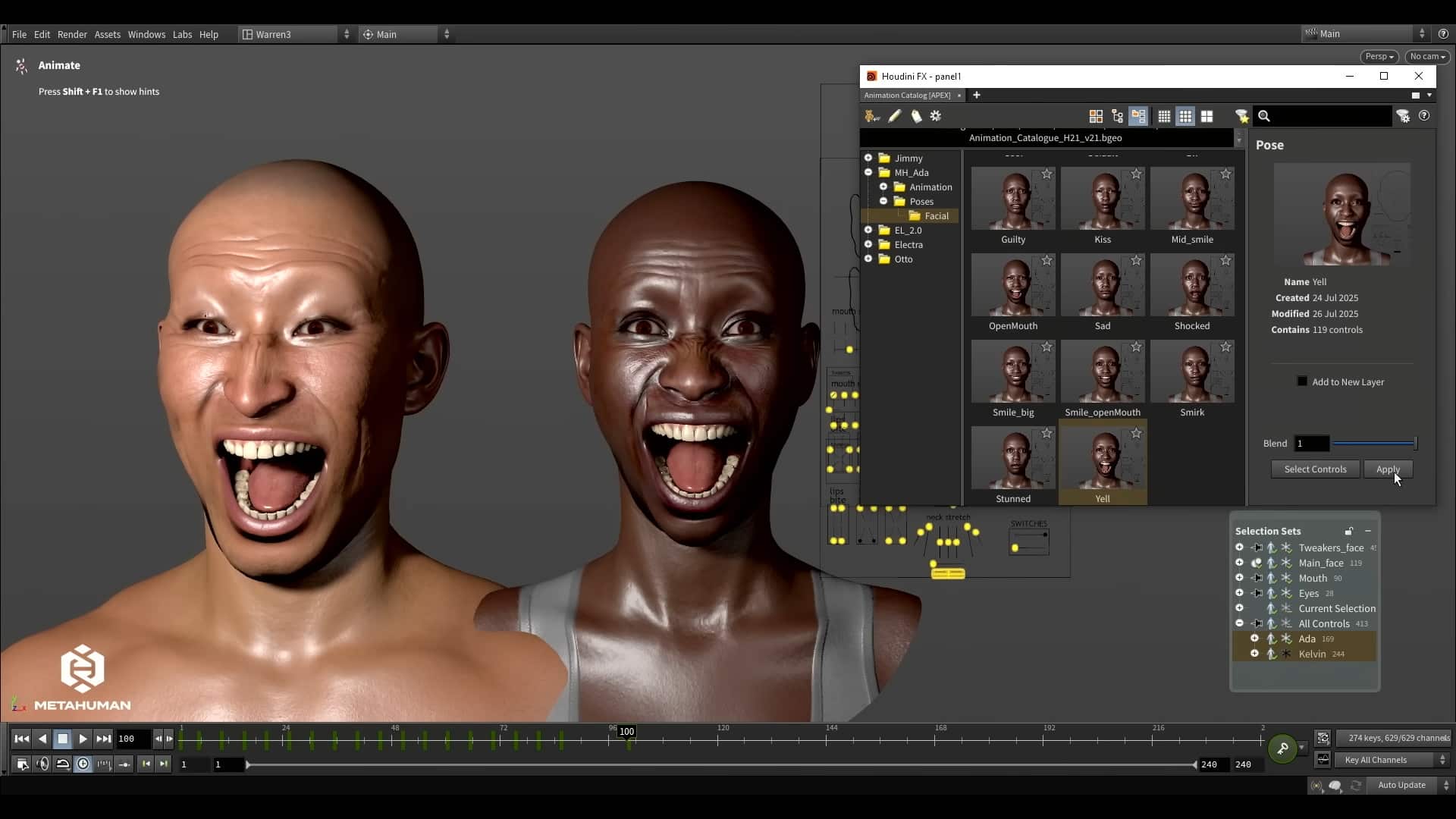 two 3d human models with open mouths each displaying a smile the model on the left has light skin while the model on the right has dark skin a user interface window is displayed on the right with multiple facial expressions digital production Two 3D human models with open mouths, each displaying a smile. The model on the left has light skin, while the model on the right has dark skin. A user interface window is displayed on the right with multiple facial expressions.