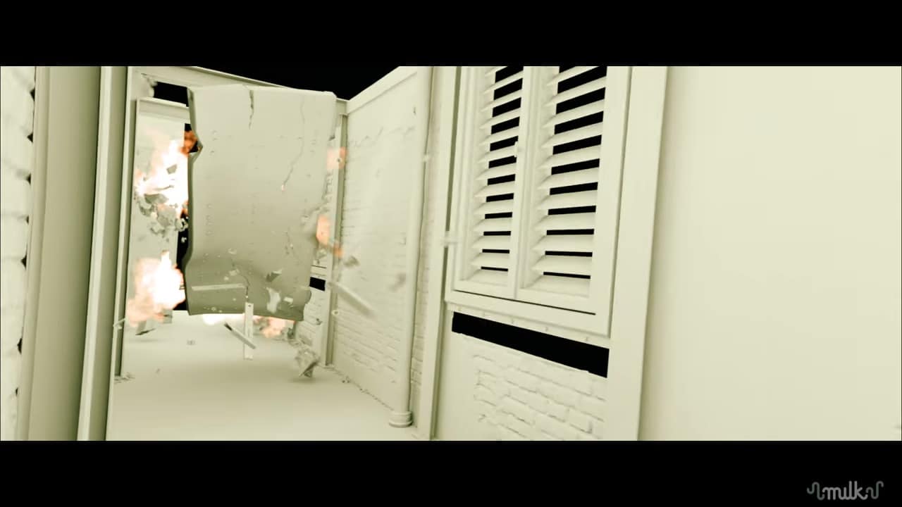 a narrow corridor with white walls and window shutters showing damage and debris from an explosion with light effects indicating recent activity digital production A narrow corridor with white walls and window shutters, showing damage and debris from an explosion, with light effects indicating recent activity.