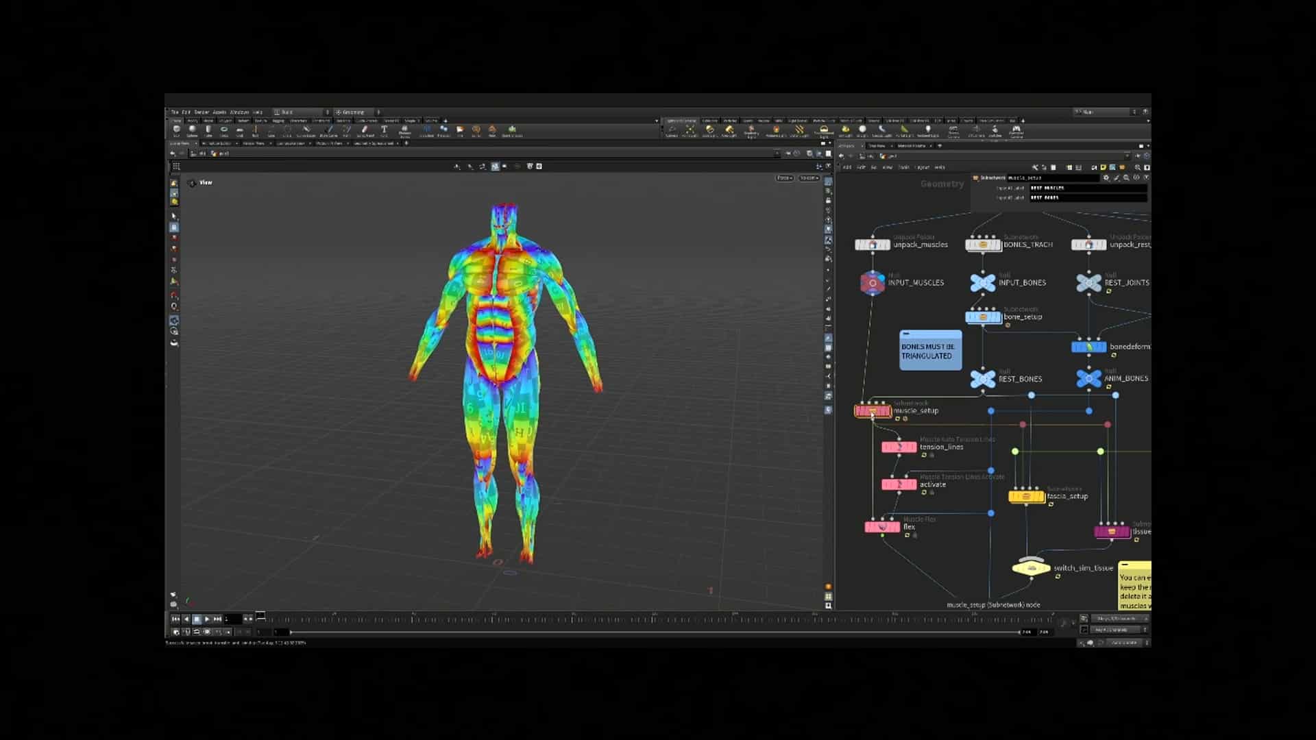 a 3d model of a human figure displayed in vibrant colors overlaid with various anatomical structures on a digital interface the right side shows a user interface with graphical nodes and flowchart elements indicating software functionality digital production A 3D model of a human figure displayed in vibrant colors, overlaid with various anatomical structures, on a digital interface. The right side shows a user interface with graphical nodes and flowchart elements, indicating software functionality.