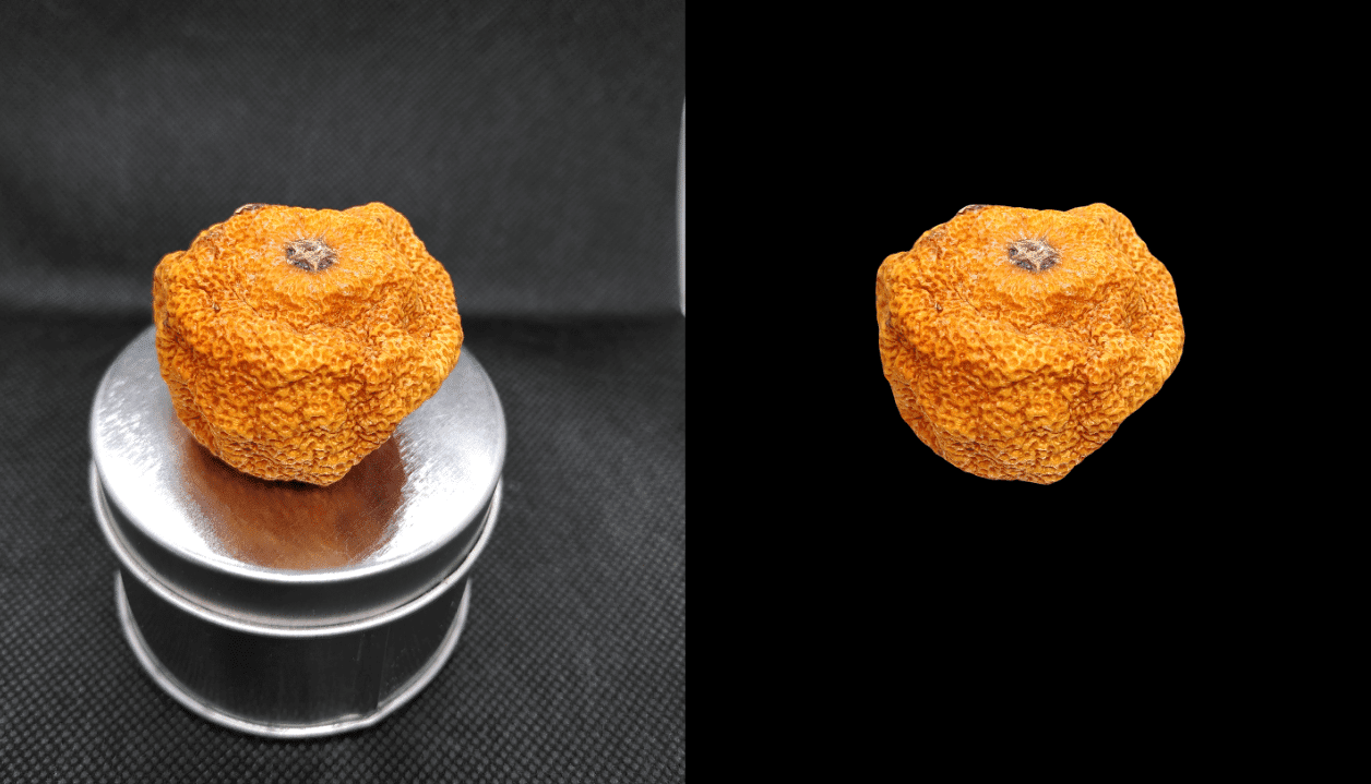 an orange textured fruit resembling a small pumpkin placed on a reflective metal container against a black background digital production An orange, textured fruit resembling a small pumpkin placed on a reflective metal container against a black background.