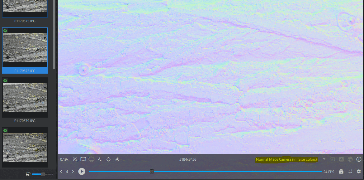 a computer screen displaying a zoomedin view of a textured surface with multicolored light interference patterns to the left there are thumbnail images of similar textures and at the bottom a media player interface shows playback controls digital production A computer screen displaying a zoomed-in view of a textured surface with multicolored light interference patterns. To the left, there are thumbnail images of similar textures, and at the bottom, a media player interface shows playback controls.