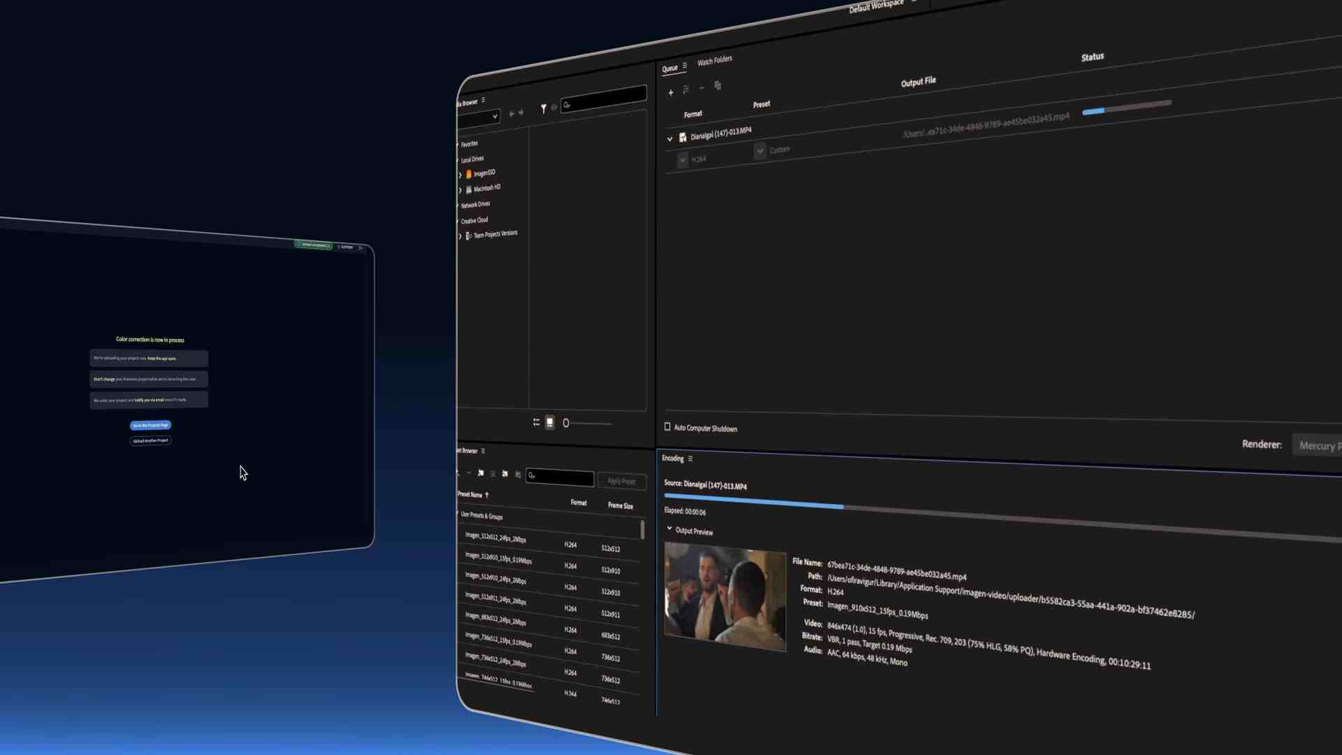 two computer screens displaying software interfaces one screen shows a login page and the other shows a media management interface with a progress bar and video details digital production Two computer screens displaying software interfaces. One screen shows a login page, and the other shows a media management interface with a progress bar and video details.
