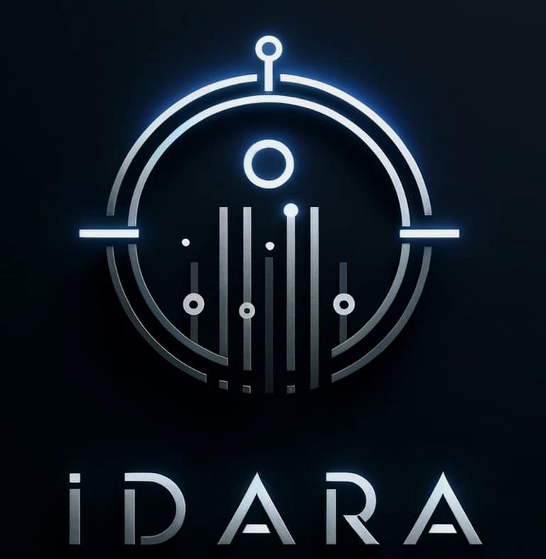 a circular logo design with a central dot and vertical lines resembling circuitry the text idara is displayed in a modern font below the emblem all set against a dark background digital production A circular logo design with a central dot and vertical lines resembling circuitry. The text 'iDARA' is displayed in a modern font below the emblem, all set against a dark background.
