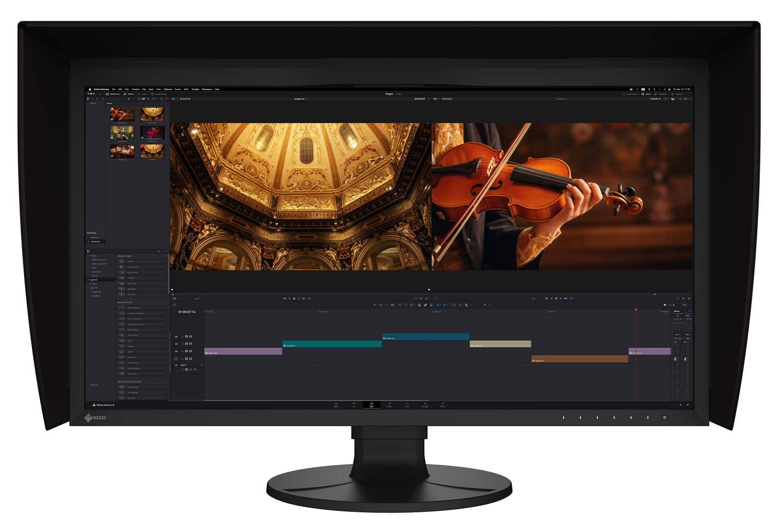 a large computer monitor displaying video editing software the screen shows a timeline with colorcoded clips and an image of a person playing a violin in an ornate setting digital production A large computer monitor displaying video editing software. The screen shows a timeline with color-coded clips and an image of a person playing a violin in an ornate setting.