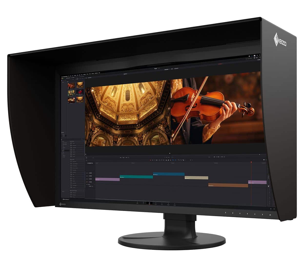 a professional monitor with a hood displaying video editing software and a vibrant image of a violinist performing the monitor is black with a sturdy round base digital production A professional monitor with a hood, displaying video editing software and a vibrant image of a violinist performing. The monitor is black with a sturdy round base.