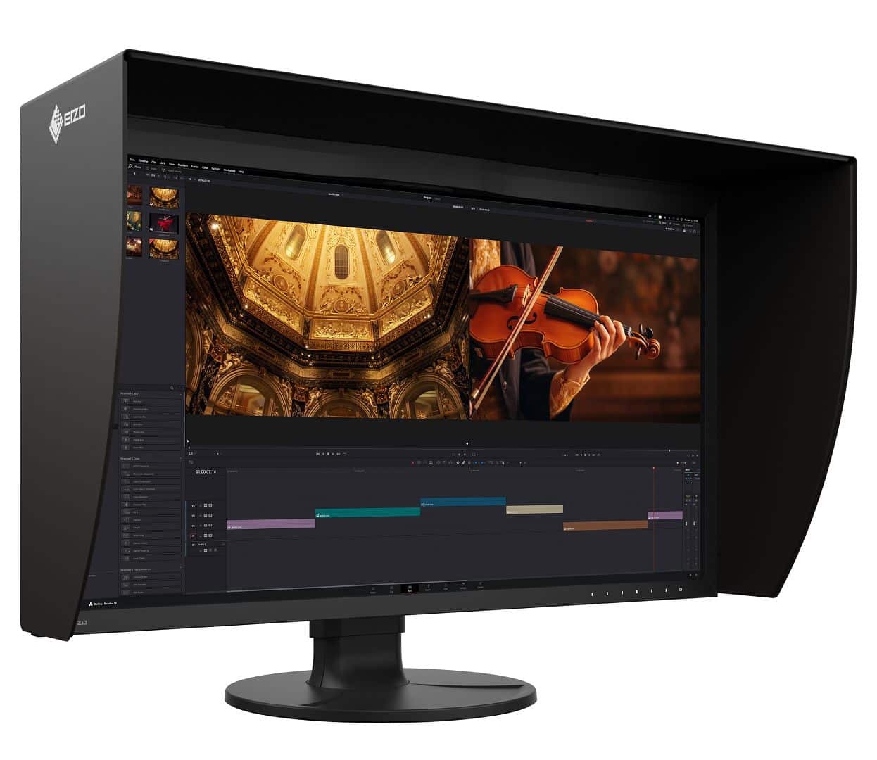 a computer monitor with a hood displaying video editing software the screen shows a timeline with colored segments and a video of a musician playing a violin in an ornate interior digital production A computer monitor with a hood displaying video editing software. The screen shows a timeline with colored segments and a video of a musician playing a violin in an ornate interior.
