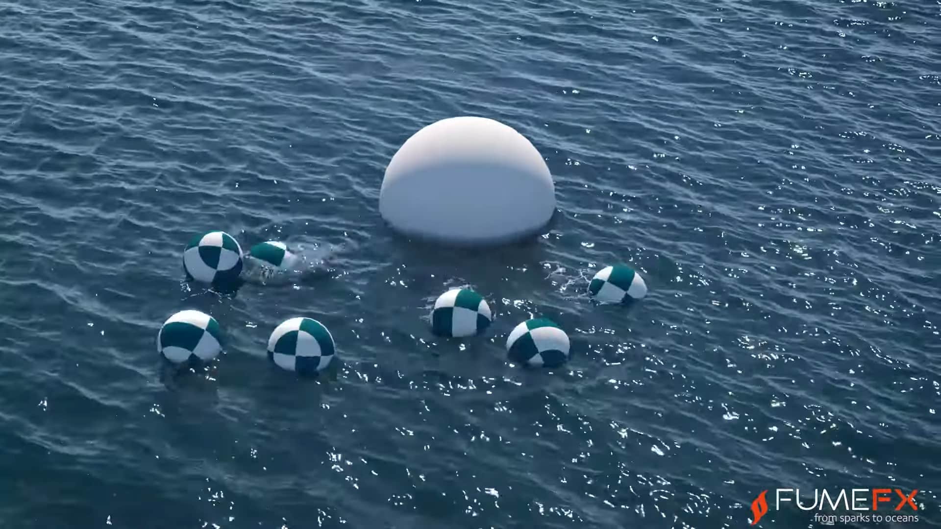 a large white sphere floats in water surrounded by several small beach balls with green and white stripes the water surface reflects light creating a shimmering effect digital production A large white sphere floats in water surrounded by several small beach balls with green and white stripes. The water surface reflects light, creating a shimmering effect.