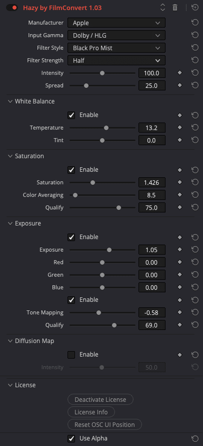 a screenshot of a software interface featuring various settings for video editing options include white balance saturation exposure and diffusion map with sliders for adjustment digital production A screenshot of a software interface featuring various settings for video editing. Options include white balance, saturation, exposure, and diffusion map with sliders for adjustment.