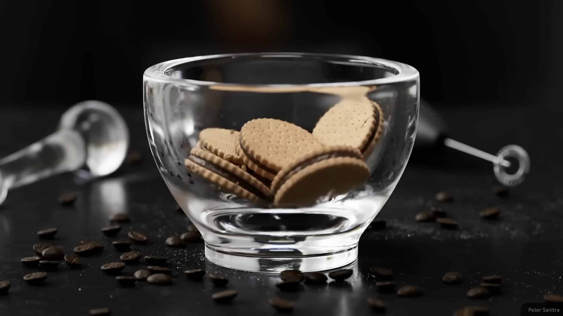 a glass bowl with several round cookies inside placed on a dark surface scattered with coffee beans in the background a glass tool is partially visible digital production A glass bowl with several round cookies inside, placed on a dark surface scattered with coffee beans. In the background, a glass tool is partially visible.