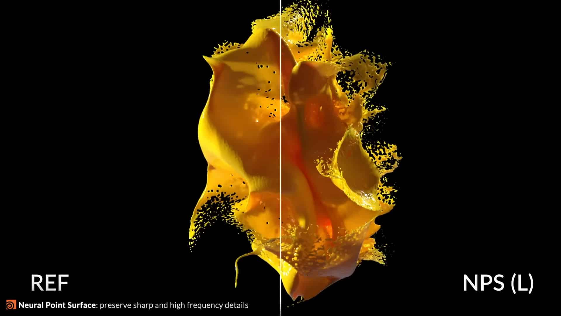 a split image showing a yellow flower on the left labeled ref and a similarly styled yellow flower on the right labeled nps l the two sides highlight differences in detail and texture digital production A split image showing a yellow flower on the left labeled 'REF' and a similarly styled yellow flower on the right labeled 'NPS (L)'. The two sides highlight differences in detail and texture.