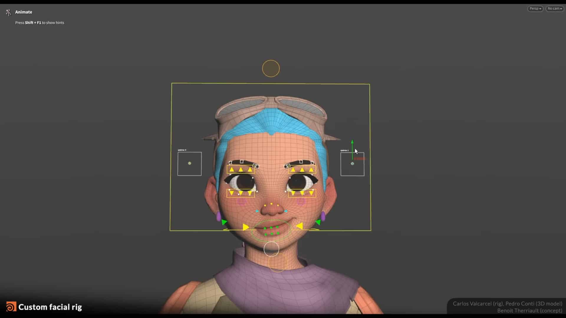 a 3d model of a character with blue hair and large yellow eyes the character is displayed in a gray background with control points around the face indicating facial rigging text at the bottom reads custom facial rig digital production A 3D model of a character with blue hair and large yellow eyes. The character is displayed in a gray background with control points around the face indicating facial rigging. Text at the bottom reads 'Custom facial rig'.