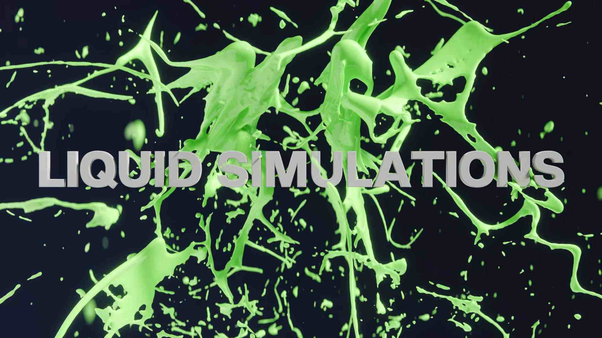 bright green liquid splatters against a dark background with the text liquid simulations displayed prominently in white font digital production Bright green liquid splatters against a dark background, with the text "LIQUID SIMULATIONS" displayed prominently in white font.