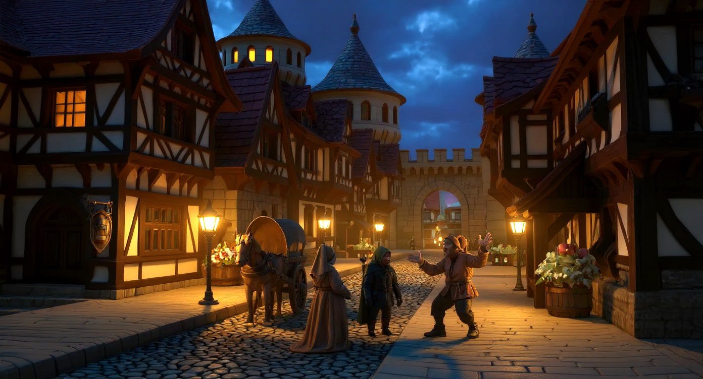 a cobblestone street in a medievalstyle town at dusk halftimbered buildings with lights in the windows line the street a group of people including a cart walk towards a stone gate in the background digital production A cobblestone street in a medieval-style town at dusk. Half-timbered buildings with lights in the windows line the street. A group of people, including a cart, walk towards a stone gate in the background.