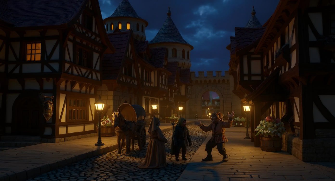 a nighttime scene of a medieval village with a cobblestone street several characters are gathered including a person in a cloak and another carrying a cart houses with wooden beams and turrets are visible under a cloudy sky digital production A nighttime scene of a medieval village with a cobblestone street. Several characters are gathered, including a person in a cloak and another carrying a cart. Houses with wooden beams and turrets are visible under a cloudy sky.