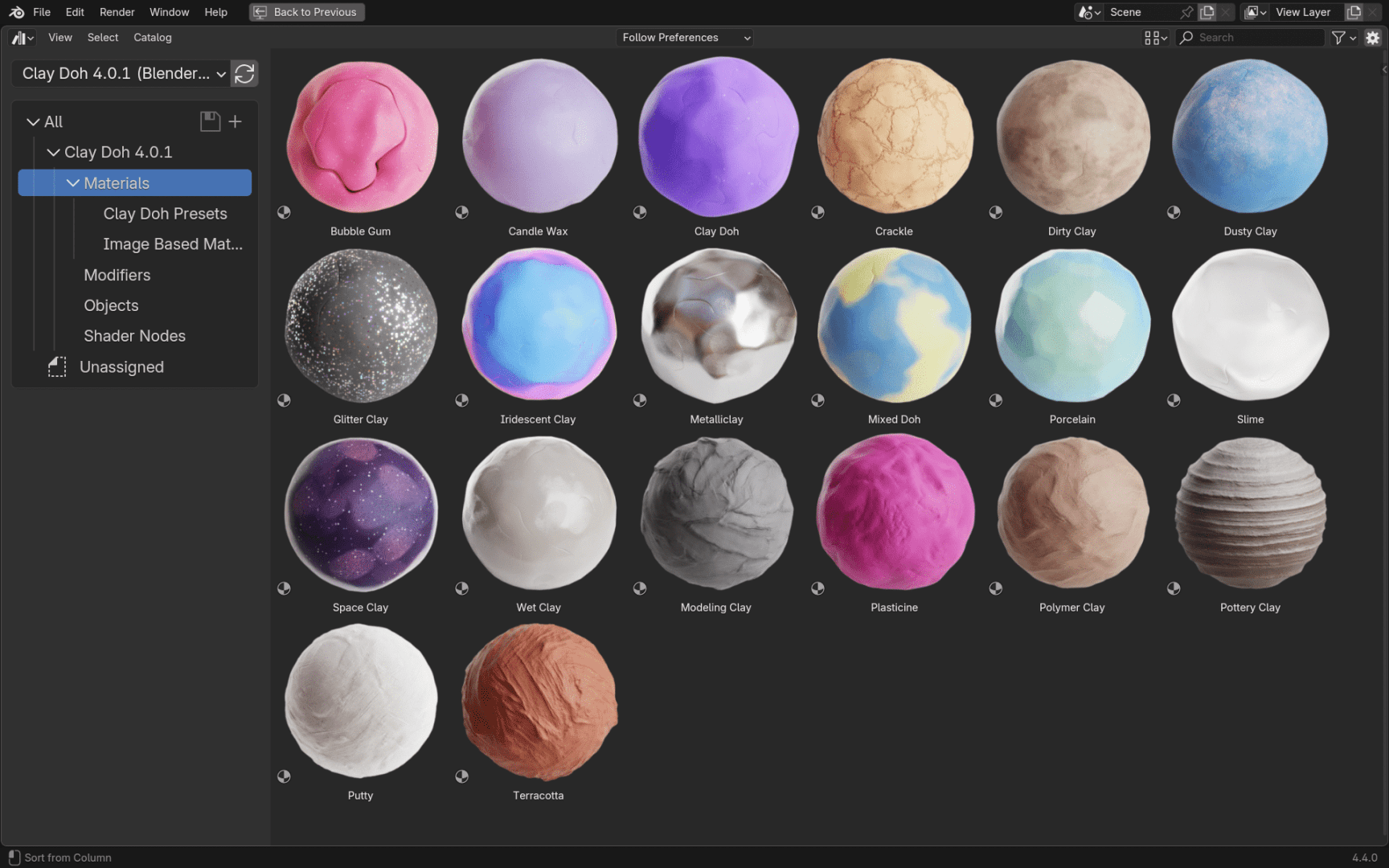 a grid displaying various material textures in a software interface including bubble gum cardboard wax and others each texture is shown as a circular swatch with distinct colors and patterns listed under categories such as clay doh presets and materials digital production A grid displaying various material textures in a software interface, including Bubble Gum, Cardboard Wax, and others. Each texture is shown as a circular swatch with distinct colors and patterns, listed under categories such as Clay Doh Presets and Materials.