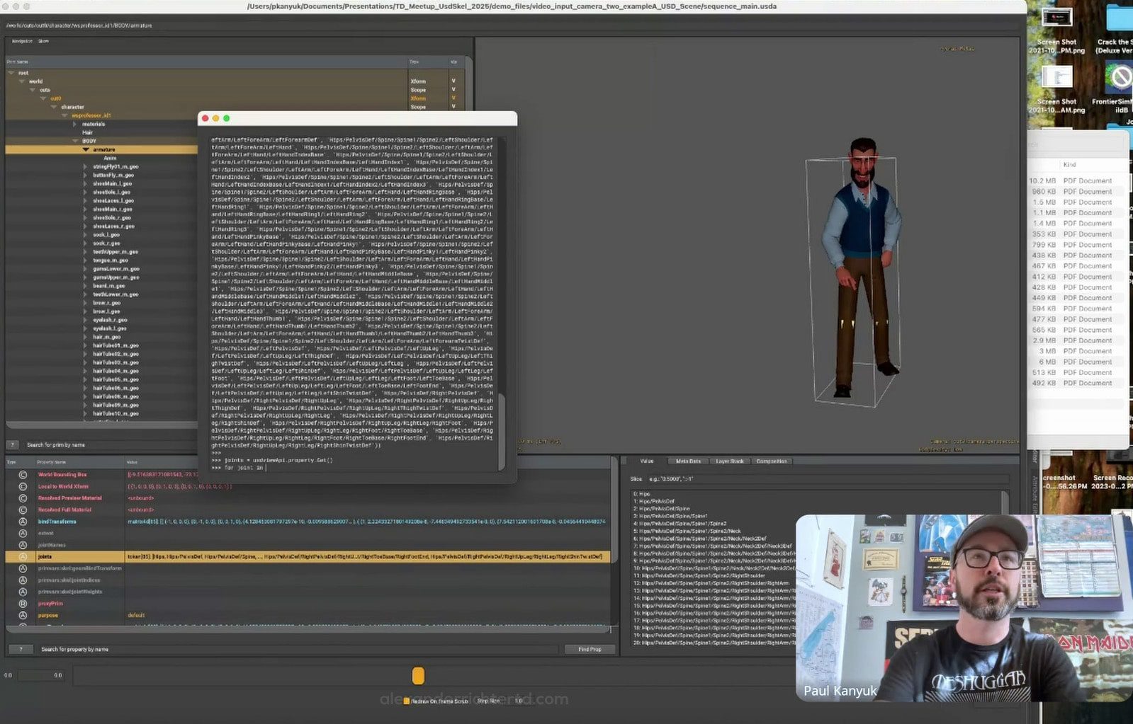 a man with glasses and a beard sitting in front of a computer screen showing a 3d character model and lines of code in a software interface digital production A man with glasses and a beard sitting in front of a computer screen, showing a 3D character model and lines of code in a software interface.