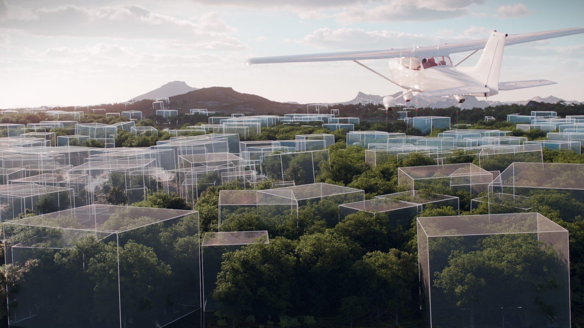 a small airplane flying over a landscape filled with large transparent boxes the scene includes green vegetation and distant mountains under a cloudy sky digital production A small airplane flying over a landscape filled with large transparent boxes. The scene includes green vegetation and distant mountains under a cloudy sky.