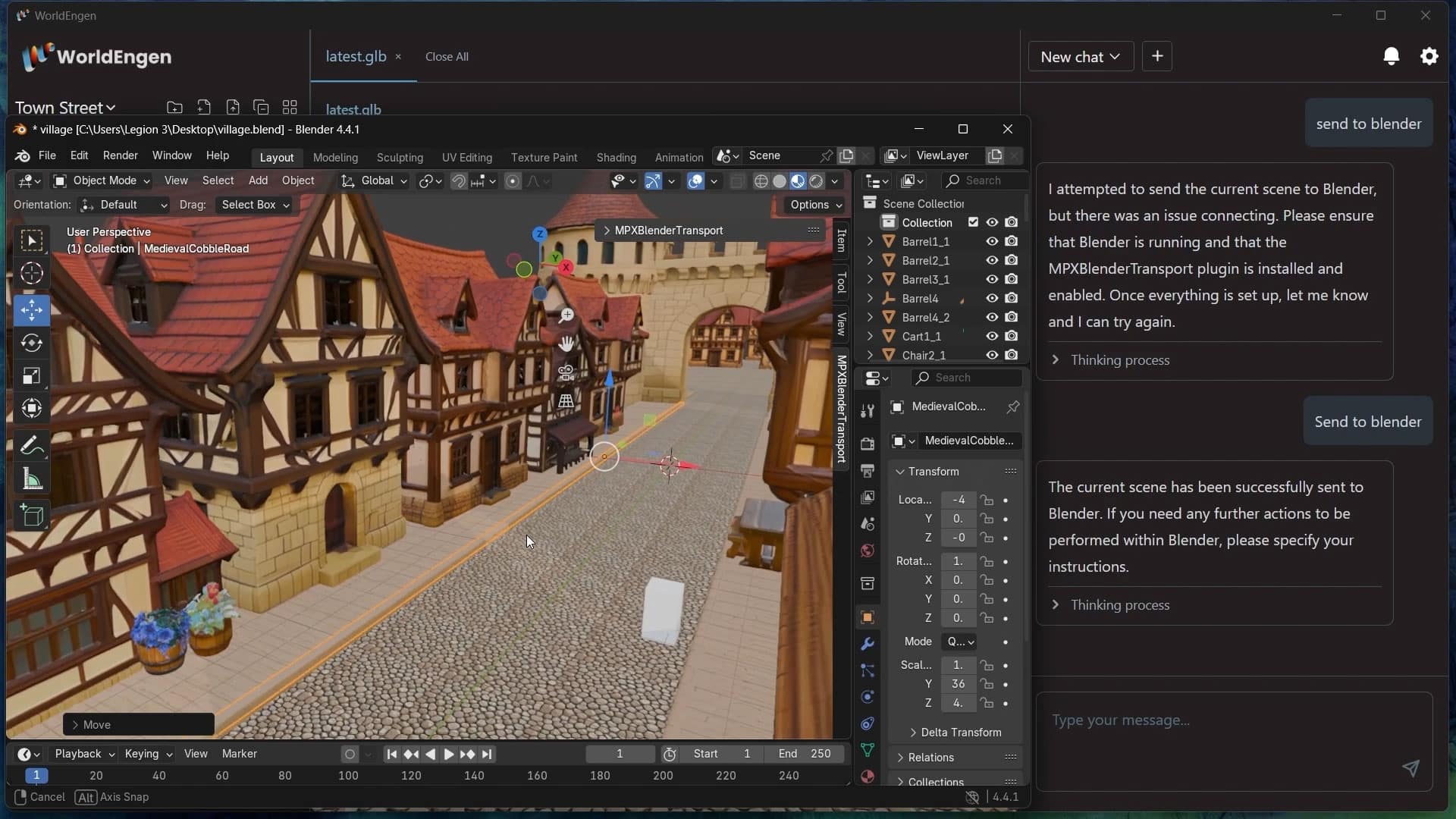 a digital scene from a 3d modeling software showing a medieval town street with stone buildings cobblestone road and animated characters a chat window on the right discusses sending the project to blender digital production A digital scene from a 3D modeling software showing a medieval town street with stone buildings, cobblestone road, and animated characters. A chat window on the right discusses sending the project to Blender.