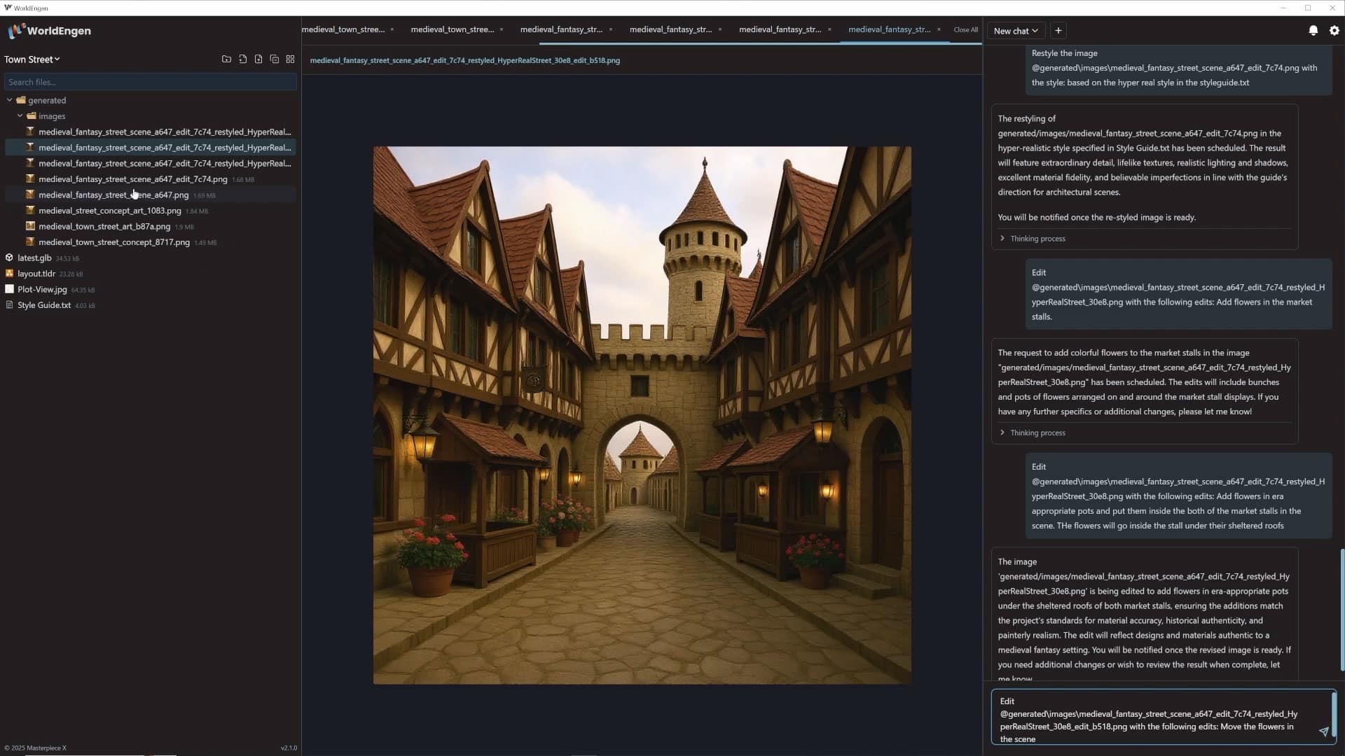 a medievalstyle village with stone buildings and wooden structures in the background a tall tower with battlements and a large archway are visible the street is paved with cobblestones and lined with small plants digital production A medieval-style village with stone buildings and wooden structures. In the background, a tall tower with battlements and a large archway are visible. The street is paved with cobblestones and lined with small plants.
